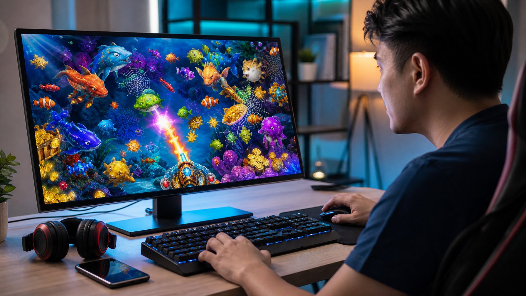 Seorang pemain dewasa fokus bermain game tembak ikan online di depan komputer dengan latar belakang suasana ruangan yang terang dan rapi.
