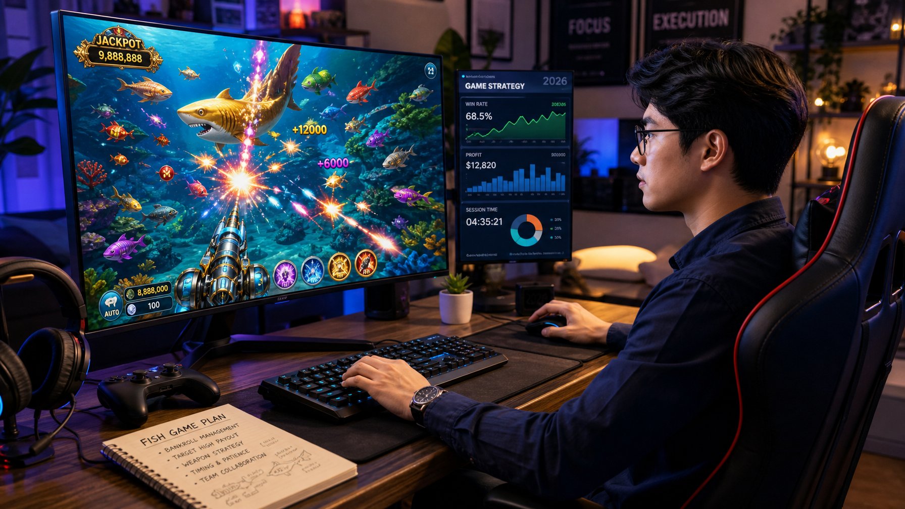 Seorang dewasa muda sedang bermain permainan menembak ikan secara online di depan komputer dengan layar besar yang menampilkan grafik ikan berwarna-warni di bawah laut.