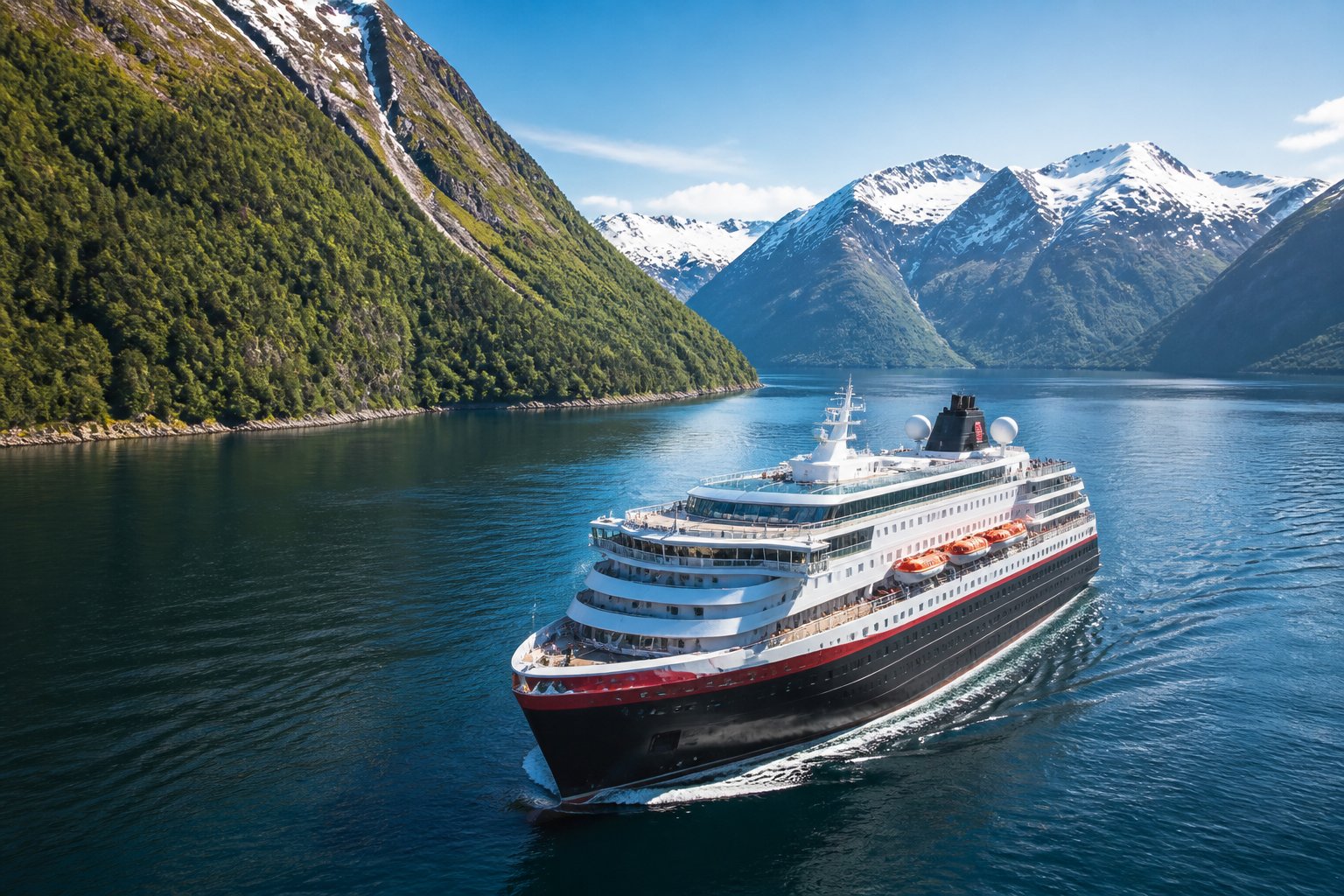 Eine Hurtigruten-Kreuzfahrt fährt durch norwegische Fjorde mit Bergen und Wasser.