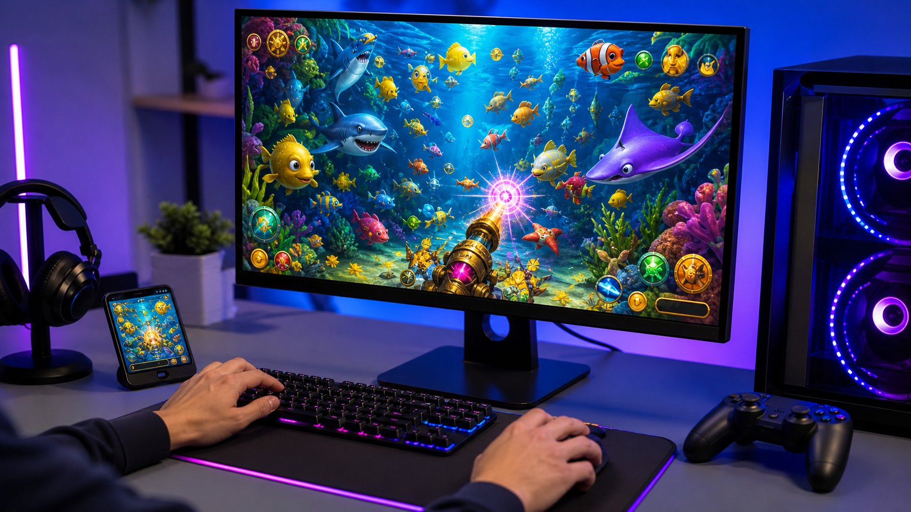 Seorang pemain sedang menggunakan komputer dengan layar menampilkan permainan tembak ikan online, dengan tangan memegang mouse dan keyboard di meja gaming.