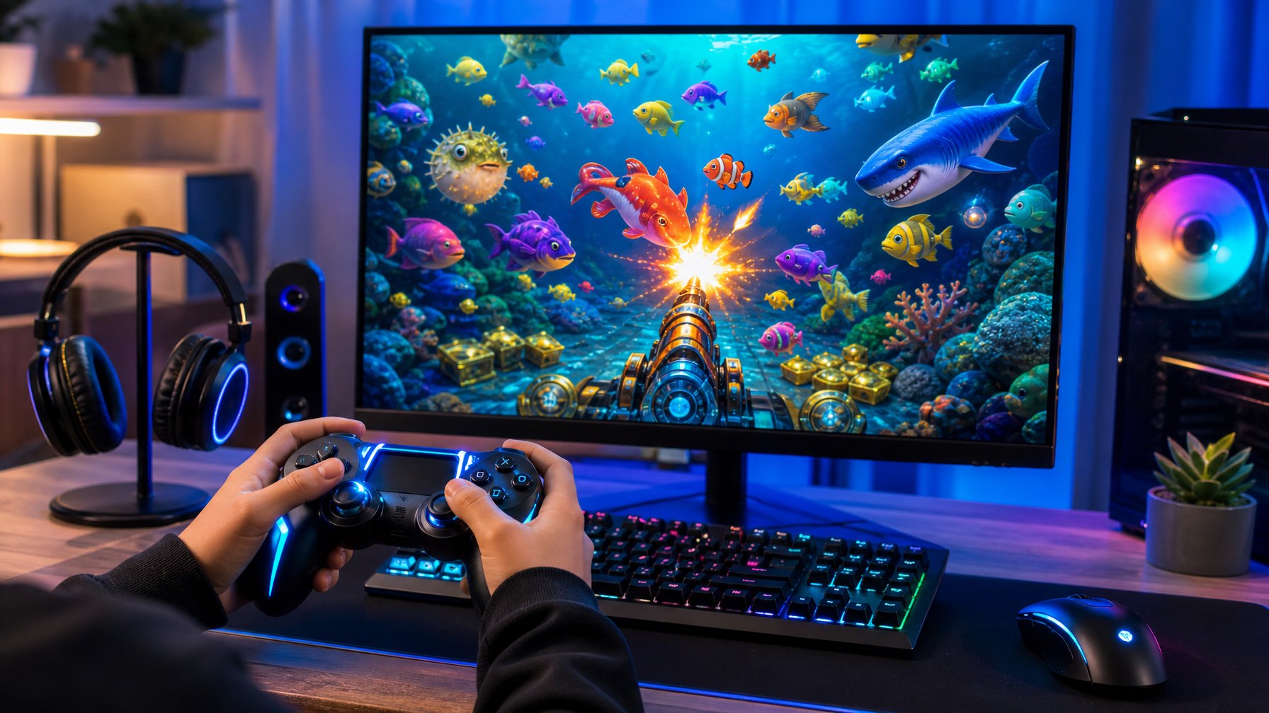 Seorang pemain sedang menggunakan kontroler untuk bermain game tembak ikan dengan layar komputer menampilkan ikan berwarna-warni di bawah laut.