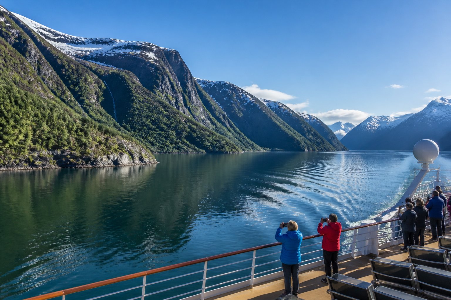 Ein modernes Kreuzfahrtschiff fährt durch einen norwegischen Fjord mit hohen Bergen und klarem Himmel.