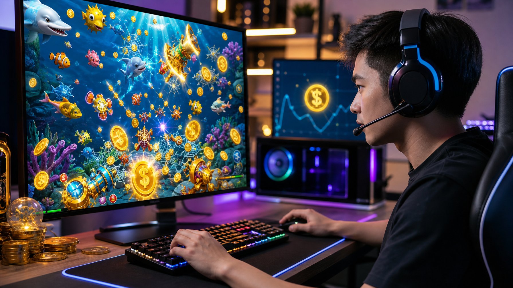 Seorang pemain fokus bermain game tembak ikan di komputer dengan layar berwarna cerah menampilkan ikan dan koin.
