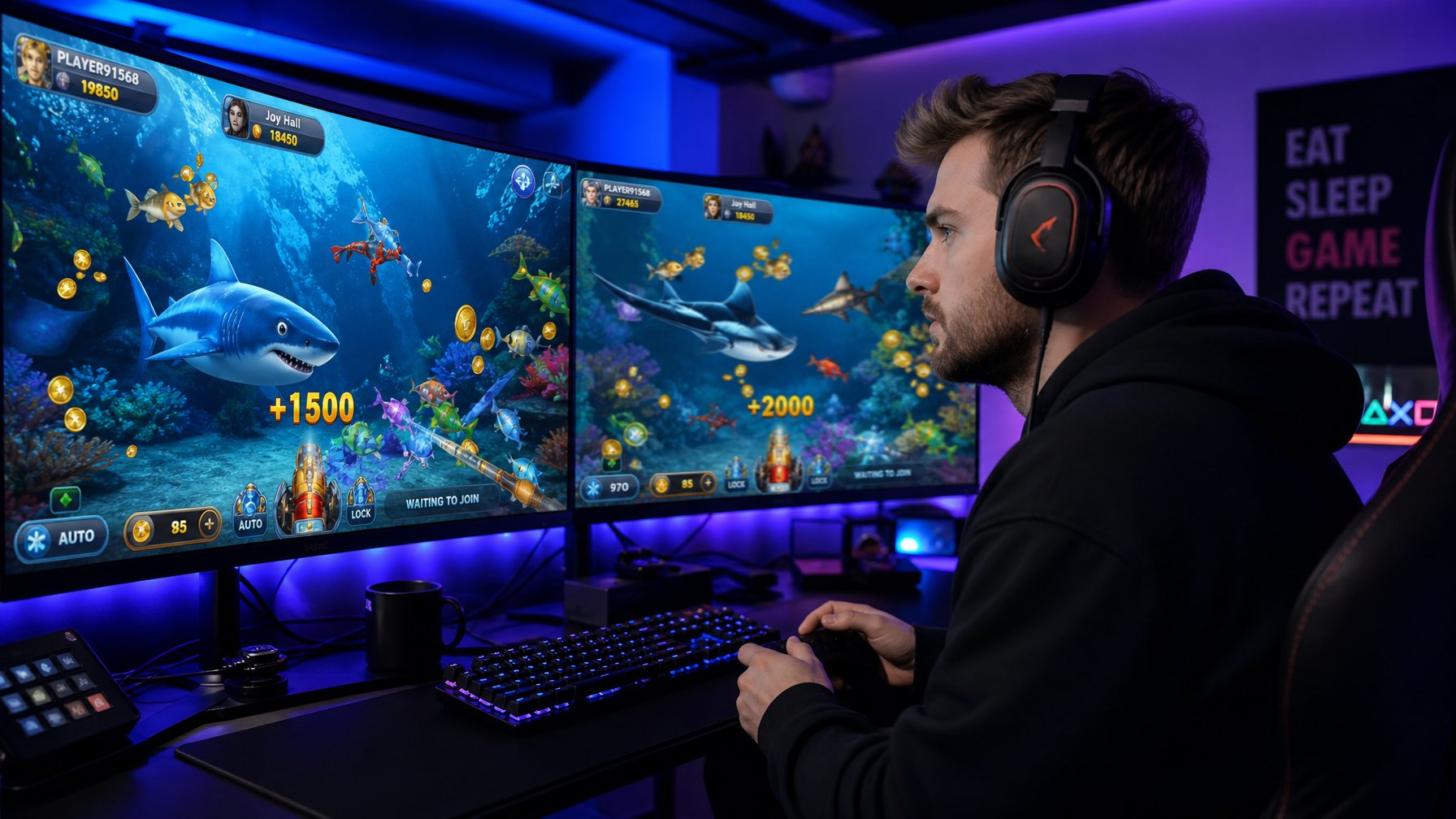 Seorang gamer muda fokus bermain game tembak ikan dengan layar komputer menampilkan ikan dan koin di suasana ruangan dengan pencahayaan biru.