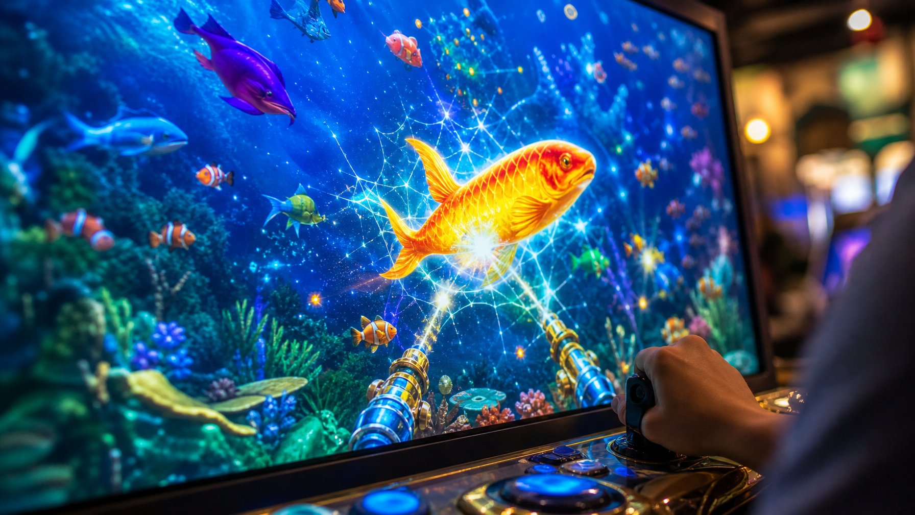Seorang pemain sedang bermain mesin slot tembak ikan dengan layar menampilkan berbagai ikan berwarna-warni, termasuk ikan besar yang mencolok, sementara tangannya memegang pengontrol permainan.