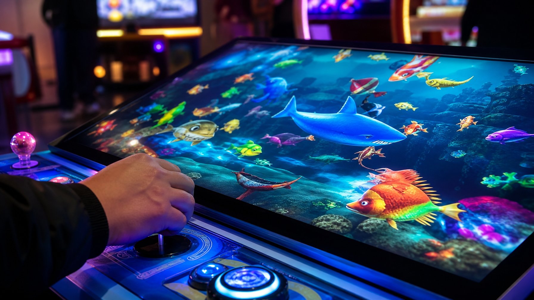 Tangan seseorang sedang bermain permainan slot tembak ikan dengan layar menampilkan berbagai ikan berwarna-warni.