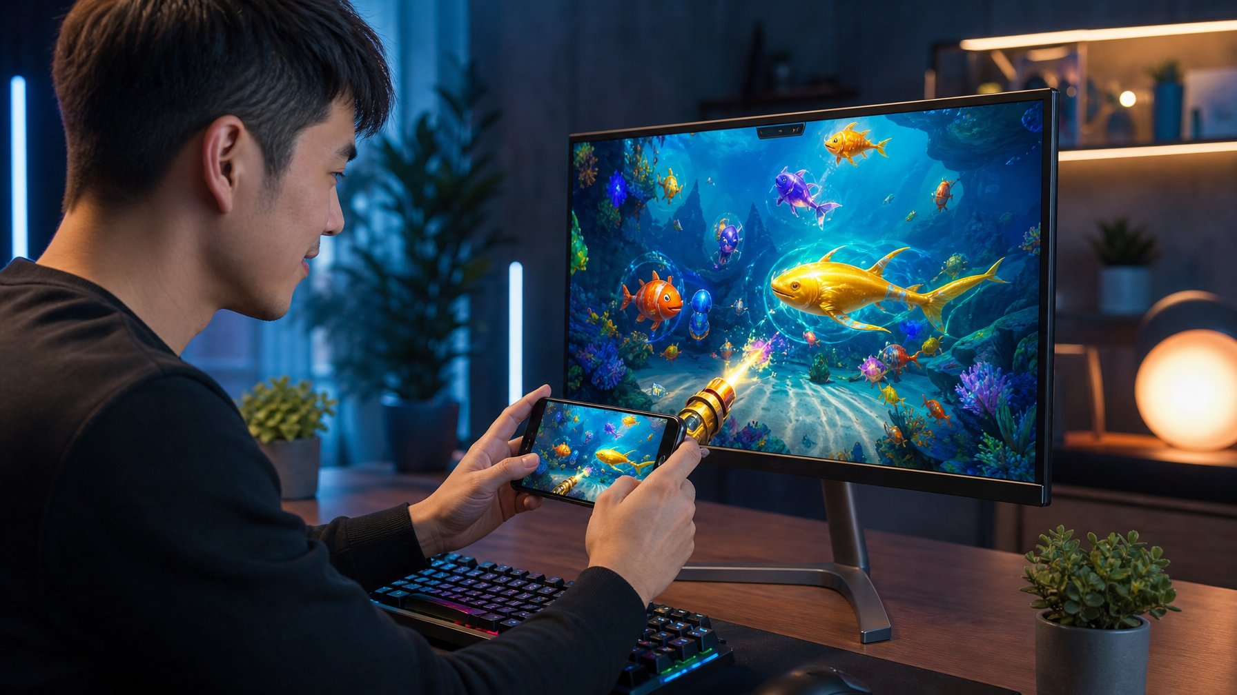 Seorang pengguna sedang bermain game tembak ikan di layar komputer di ruang kerja yang terang dan rapi.