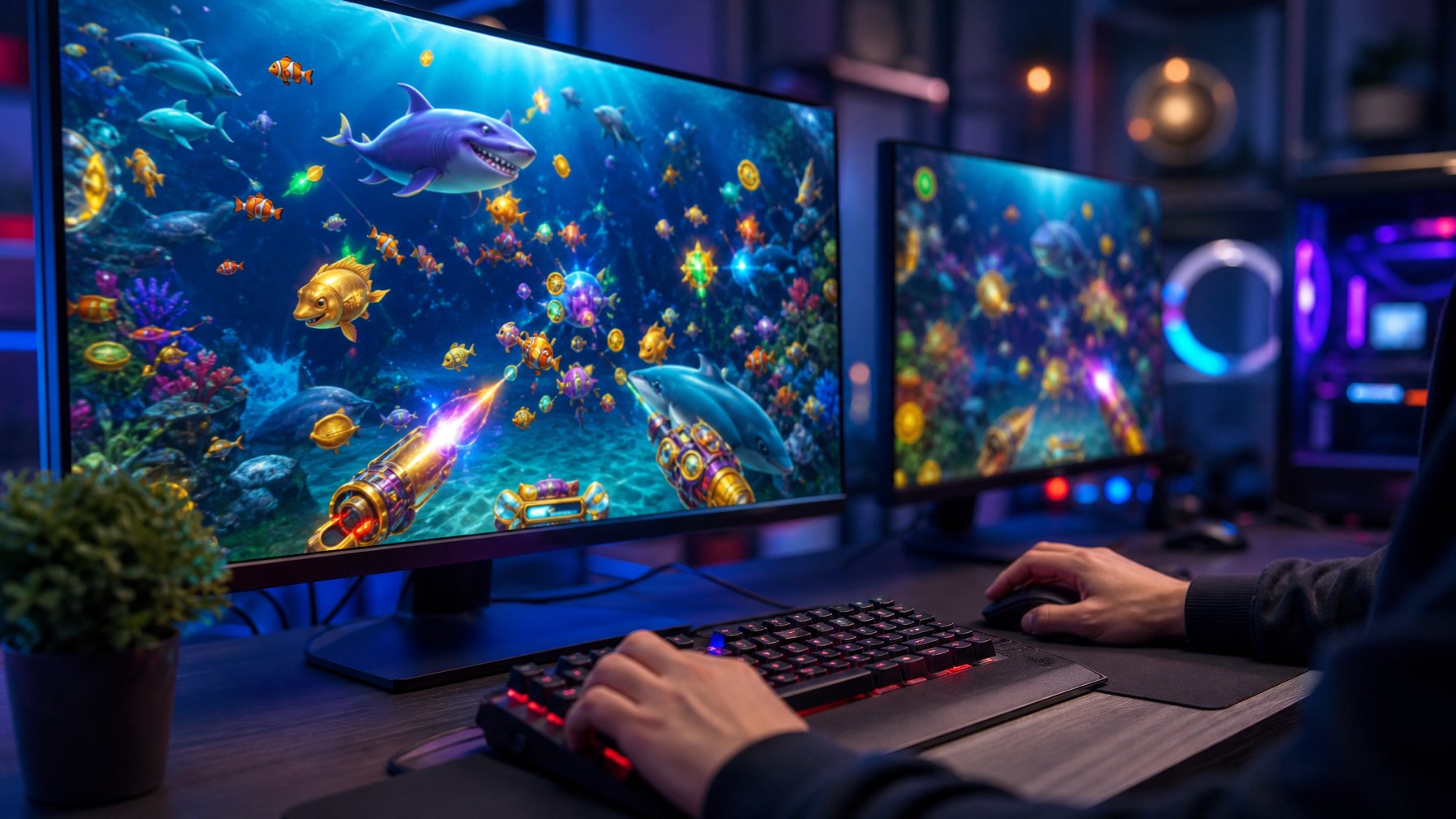 Seseorang bermain game tembak ikan online di komputer dengan layar menampilkan ikan-ikan berwarna-warni di bawah laut.