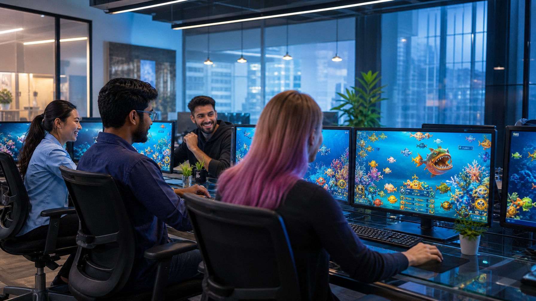 Sekelompok orang muda sedang bermain game ikan di komputer di sebuah kantor modern yang terang dan bersih.