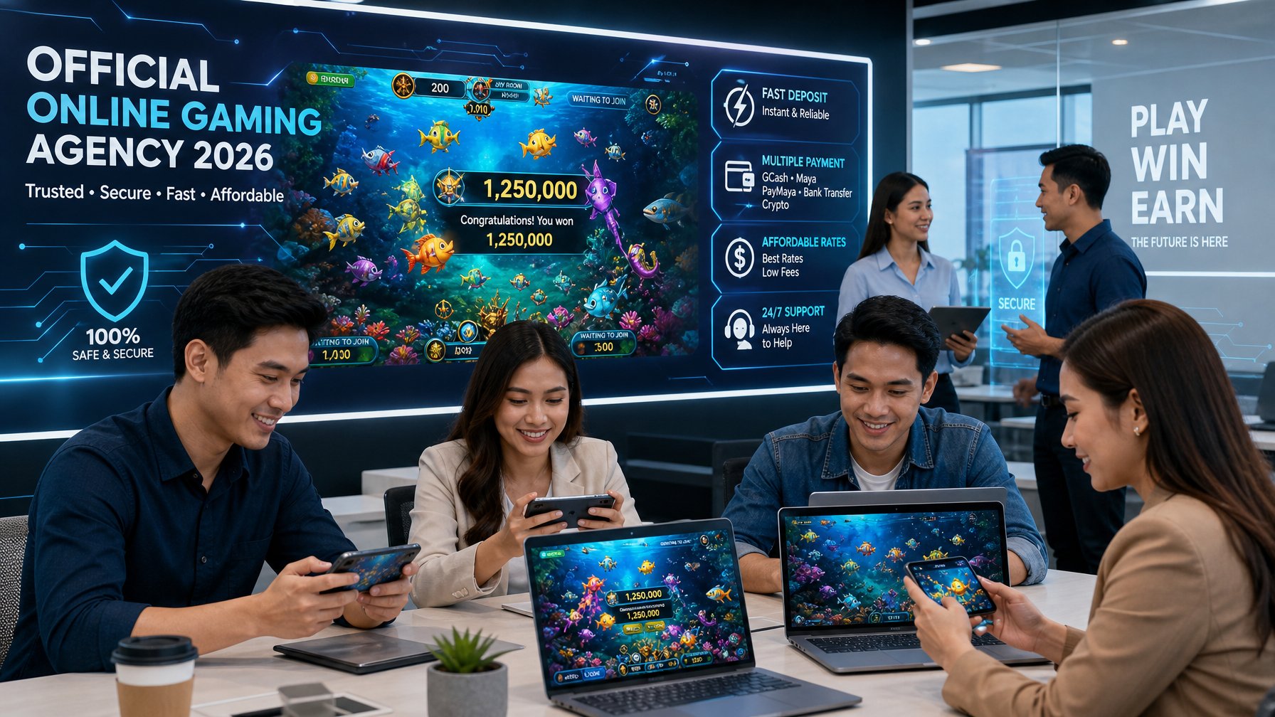 Beberapa orang muda menggunakan laptop dan ponsel dengan tampilan permainan tembak ikan di layar di sebuah kantor modern.