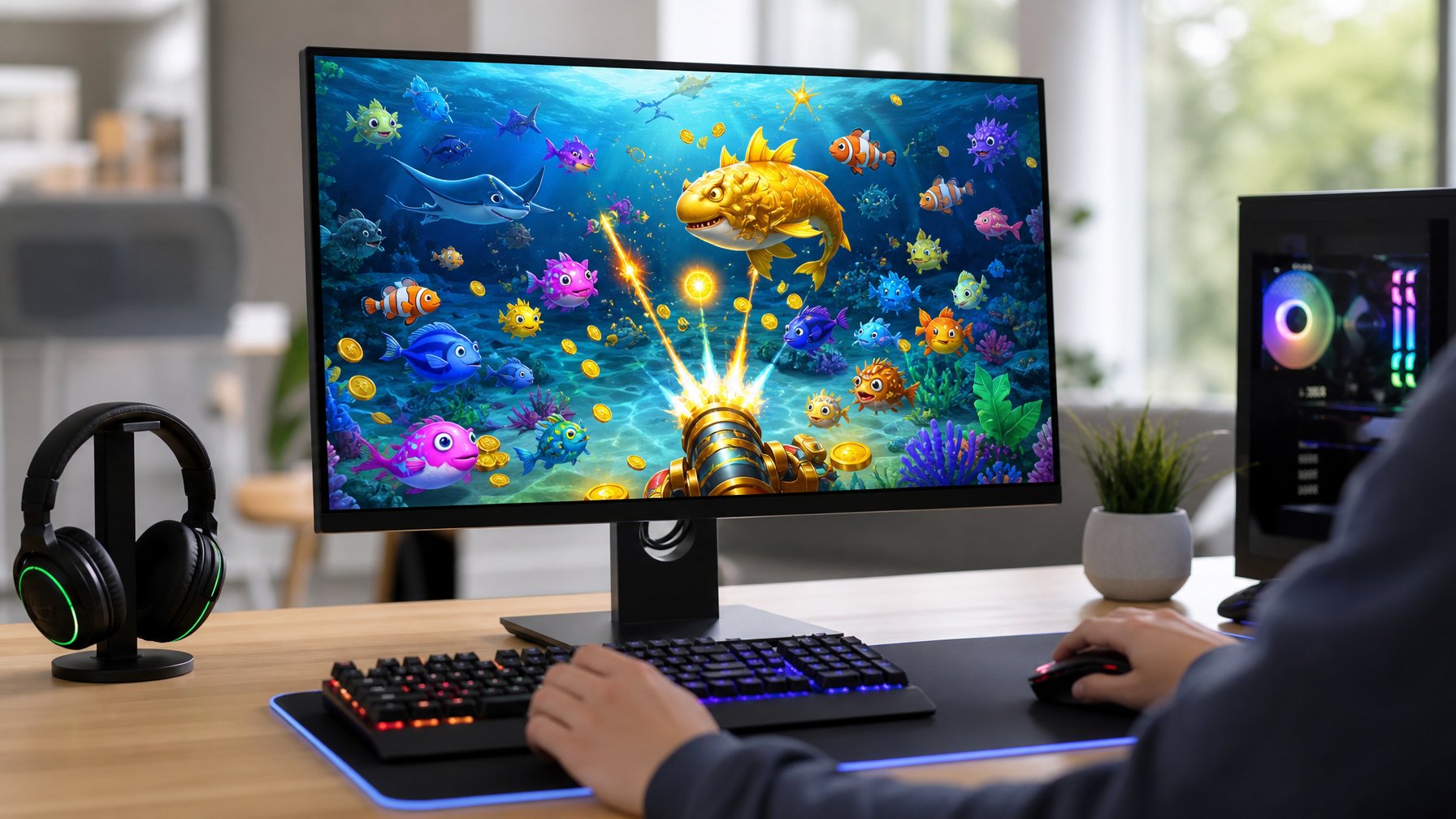 Sebuah meja dengan komputer menampilkan permainan tembak ikan online dengan latar belakang kantor yang terang dan peralatan gaming di sekitar.