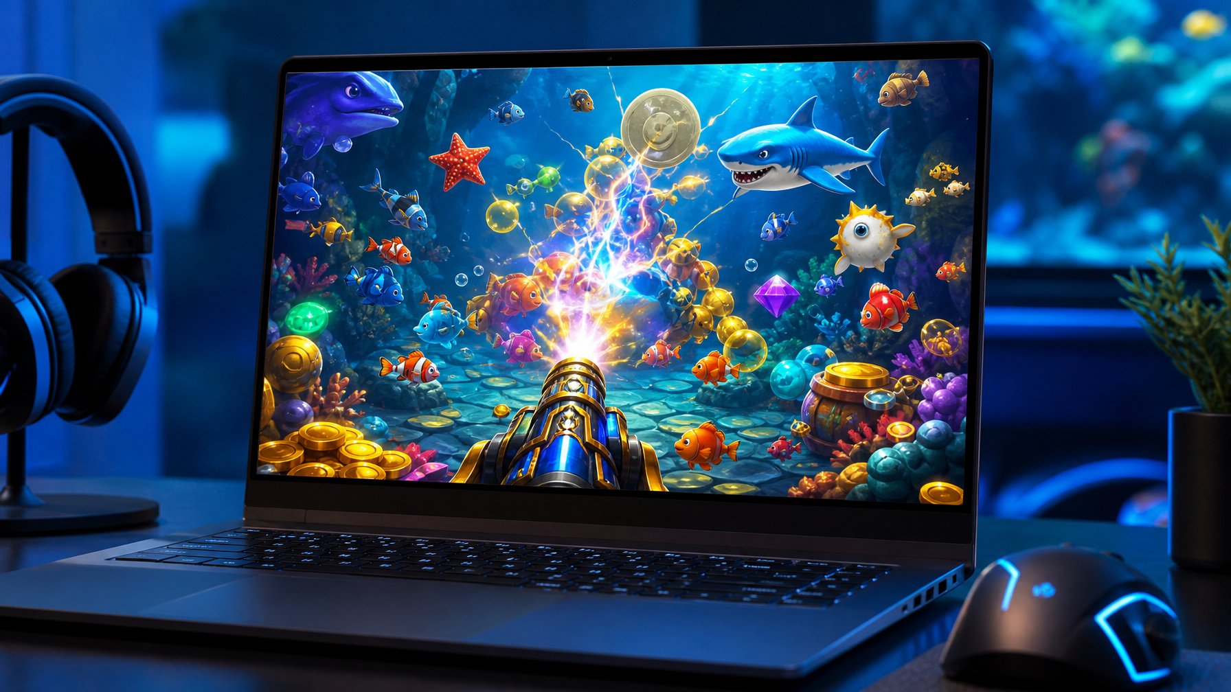 Seorang pemain sedang bermain game tembak ikan online dengan layar komputer menampilkan grafis ikan berwarna-warni di bawah laut.