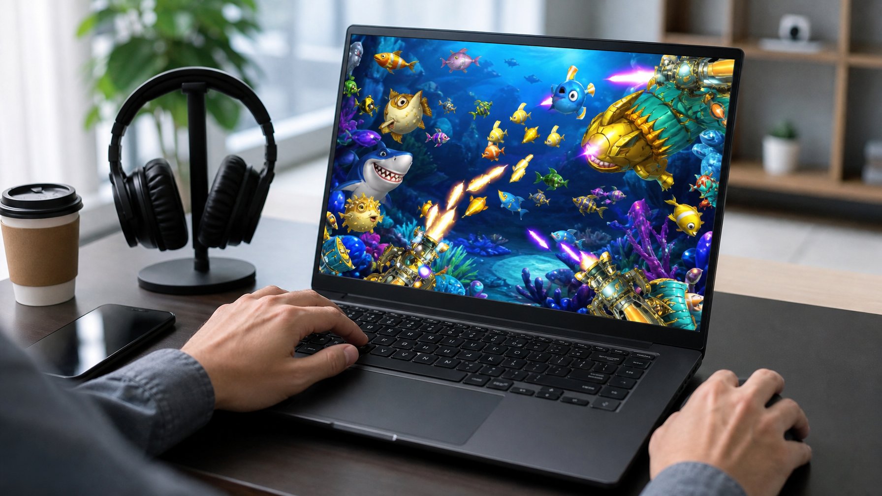 Seseorang bermain game tembak ikan di komputer dengan latar belakang ruangan yang rapi dan terang.