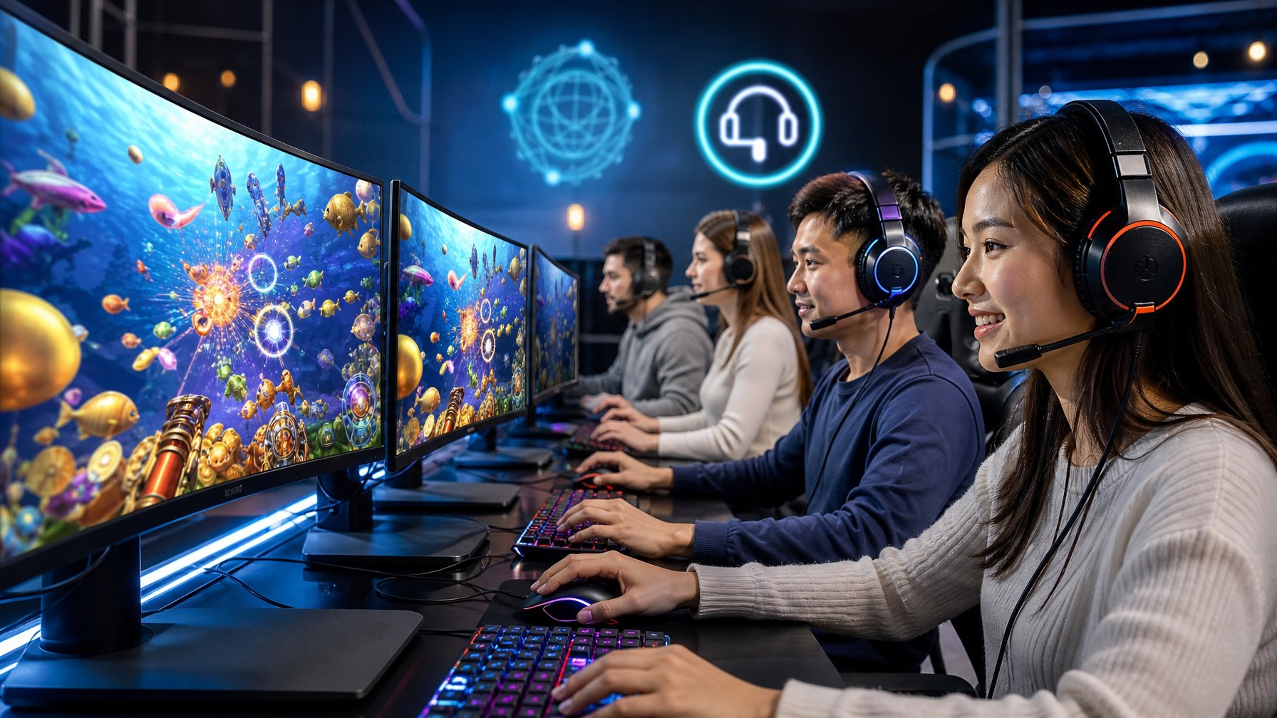 Beberapa orang muda sedang bermain permainan tembak ikan online di komputer dengan latar belakang grafis ikan berwarna-warni dan suasana ruangan modern.