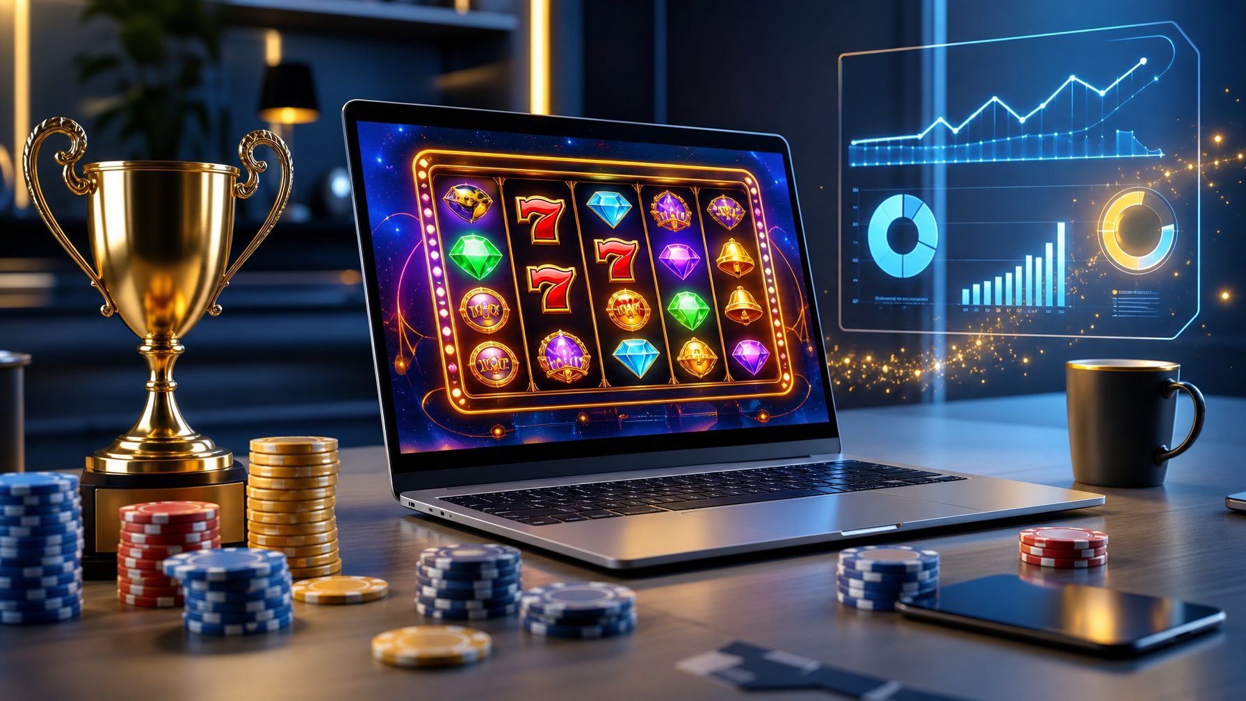 Sebuah meja kerja modern dengan laptop yang menampilkan permainan slot online dan tumpukan chip kasino di sekitarnya.