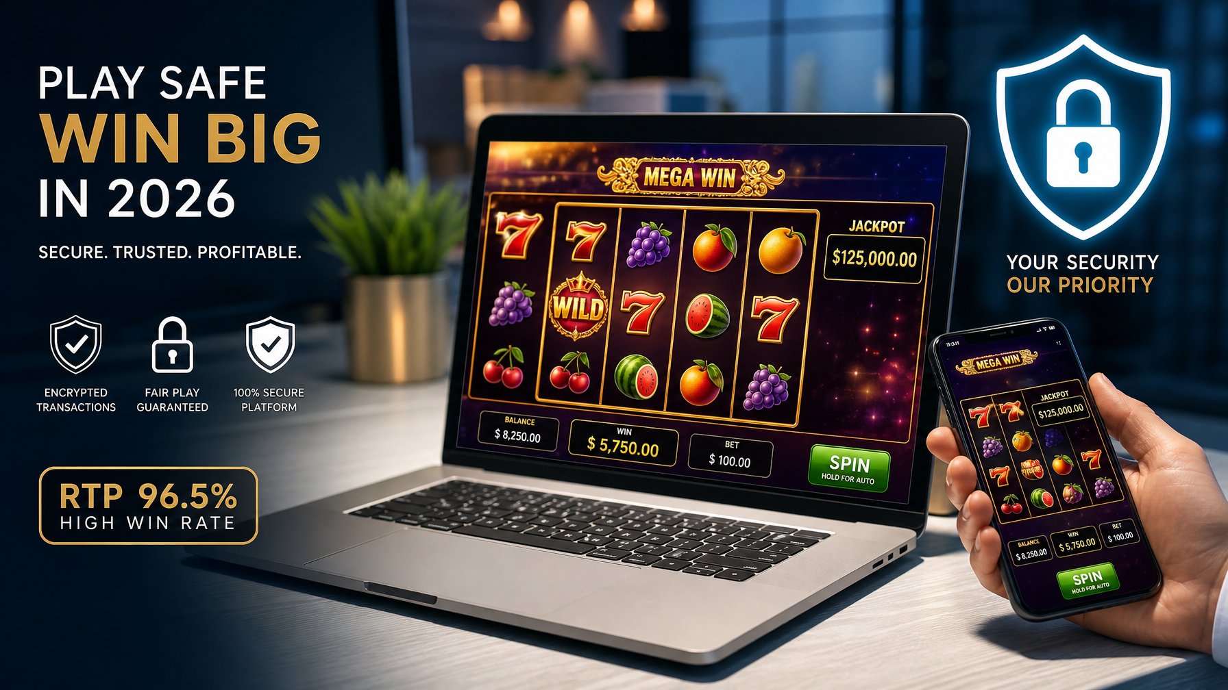 Seseorang menggunakan laptop dengan tampilan mesin slot online di layar dalam ruangan modern yang terang.