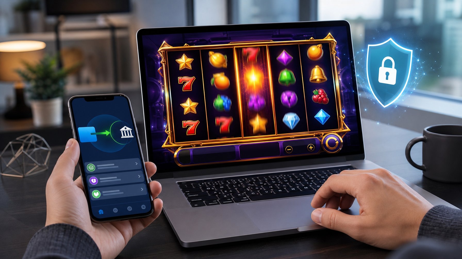 Seorang pengguna sedang bermain mesin slot online di komputer dan melakukan deposit melalui ponsel di lingkungan rumah yang rapi.