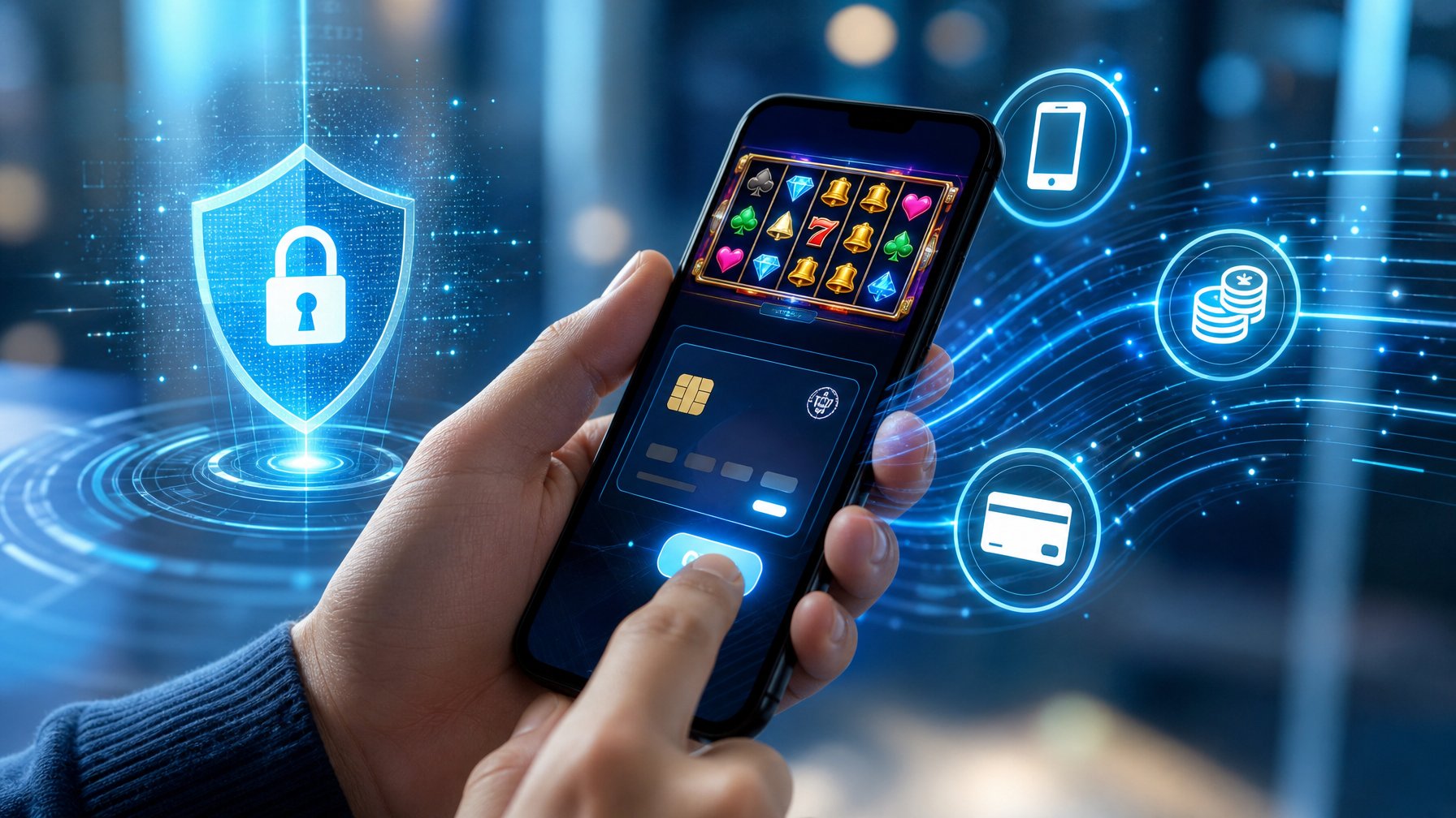 Tangan seseorang memegang ponsel yang menampilkan layar pembayaran online dengan ikon permainan slot dan simbol pulsa di latar belakang digital.