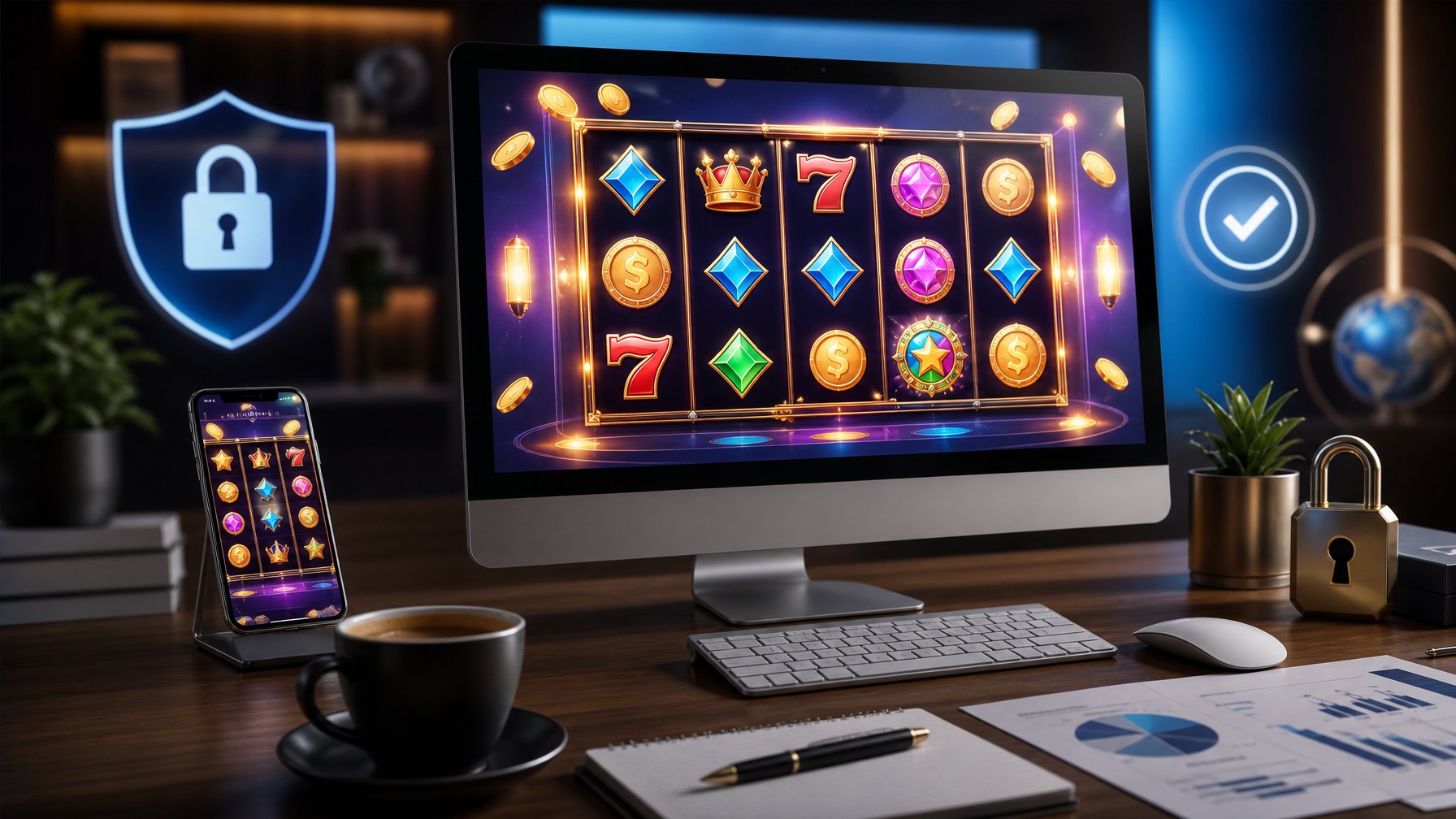 Meja kerja dengan komputer menampilkan permainan slot online berwarna-warni dan ikon keamanan digital di sekitarnya.