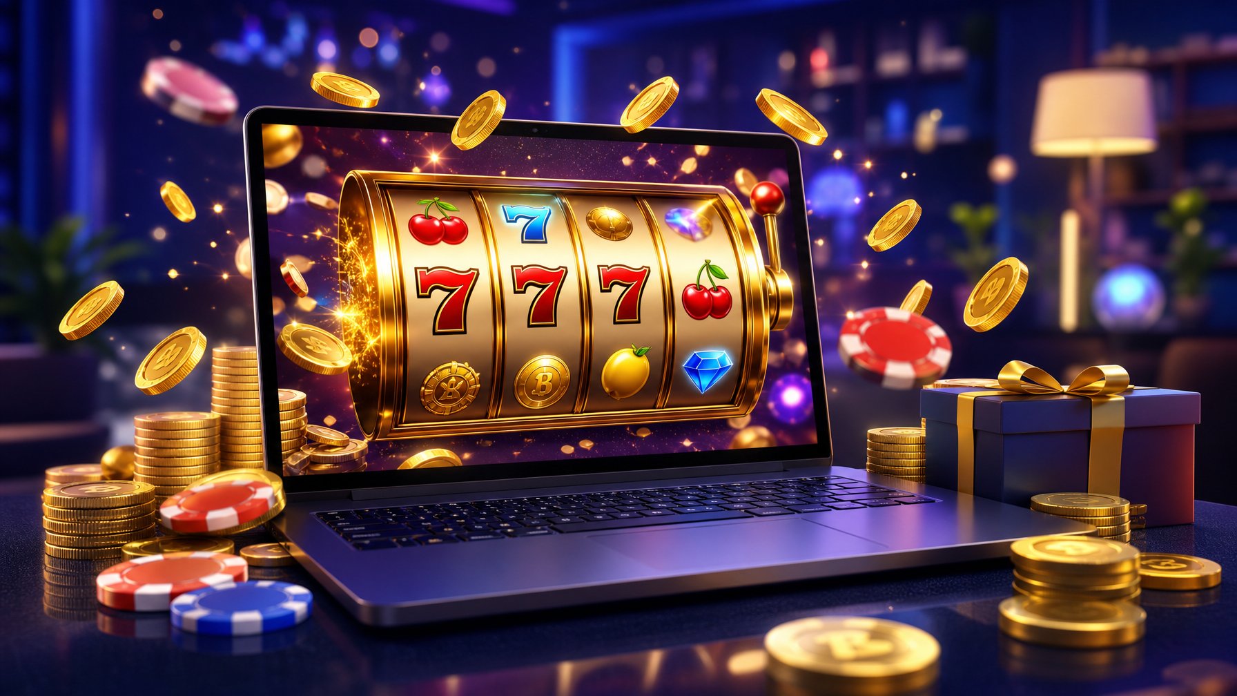Sebuah laptop modern menampilkan permainan slot online dengan simbol warna-warni dan koin digital di sekitarnya di dalam ruangan bermain yang nyaman.