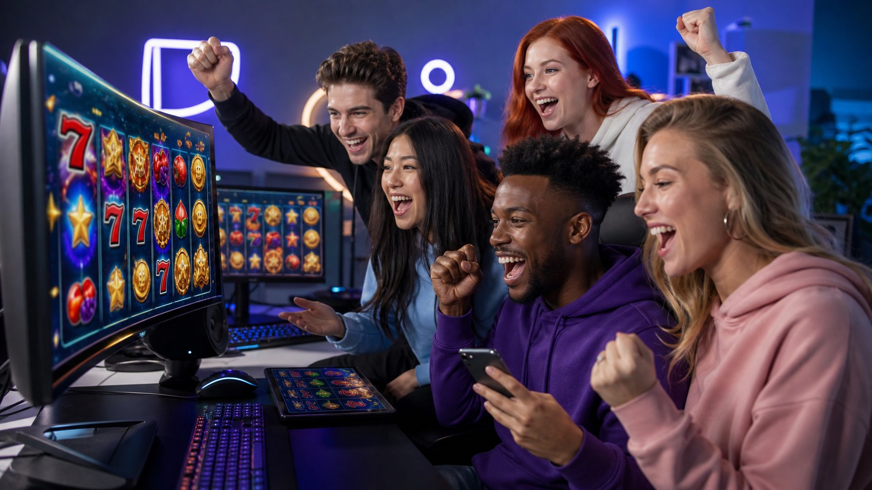 Sekelompok orang muda sedang bermain slot online dengan perangkat digital, tampak antusias dan bersemangat di lingkungan modern.