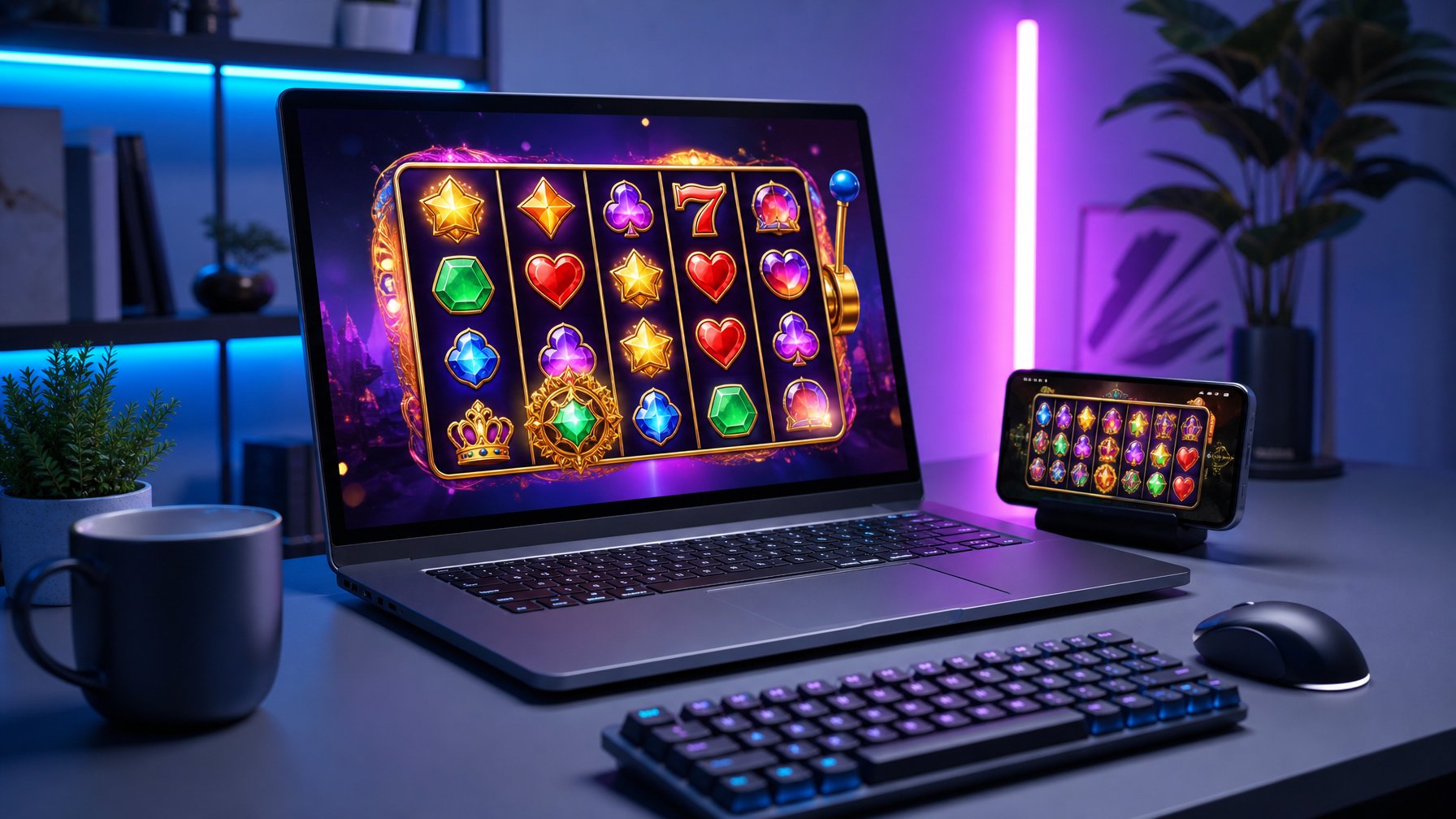 Sebuah setup permainan slot online modern dengan layar komputer menampilkan grafik mesin slot berwarna-warni di ruangan gaming yang terang dan rapi.