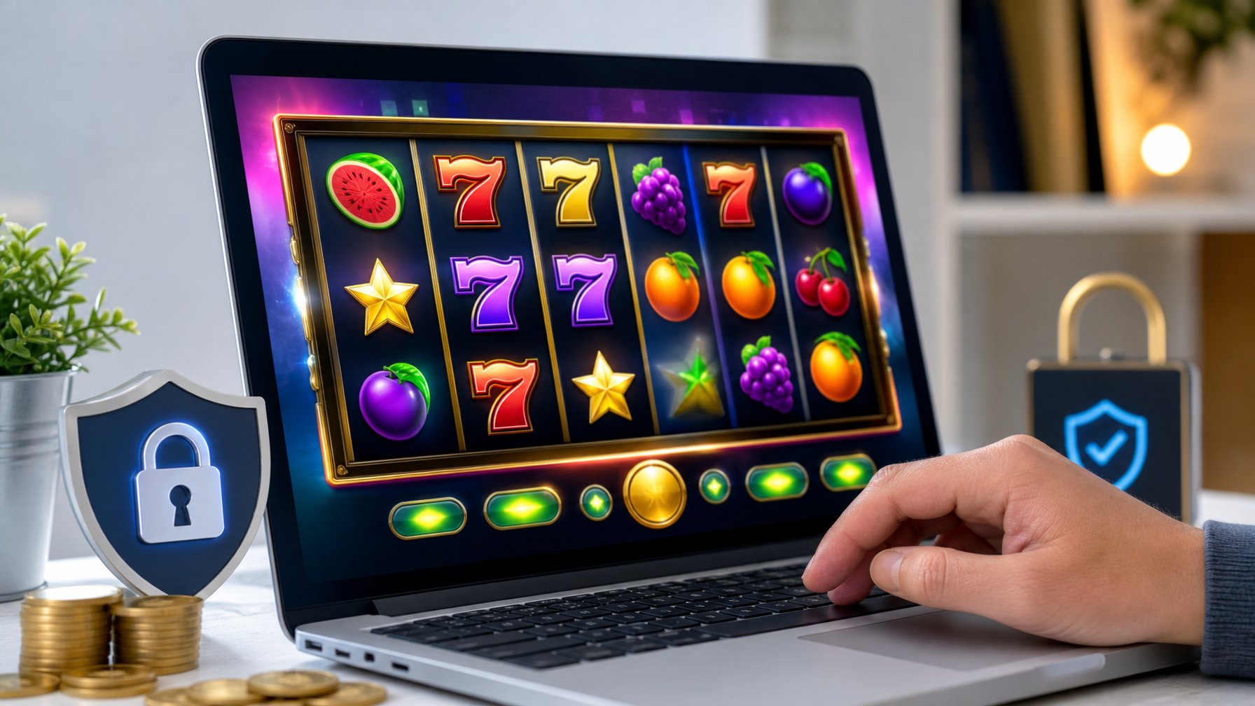 Seorang pengguna sedang bermain permainan slot online di komputer dengan tampilan layar penuh warna dan simbol mesin slot yang berputar.
