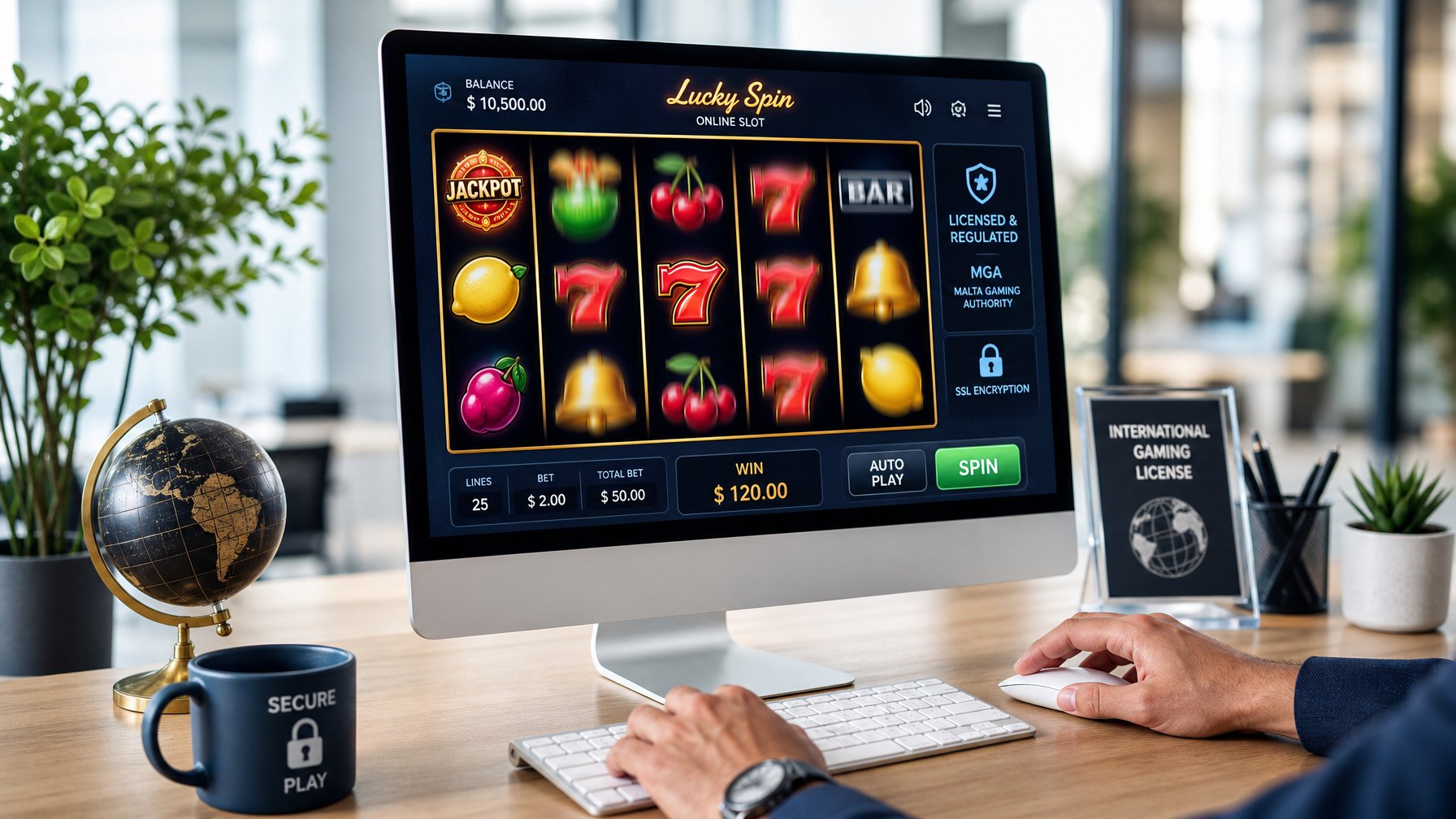 Meja kerja modern dengan komputer menampilkan permainan slot online, tangan seseorang mengoperasikan mouse dan keyboard.