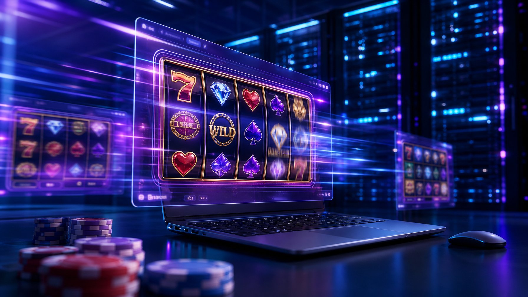 Suasana ruang server modern dengan layar digital menampilkan permainan slot online yang cepat dan lancar.