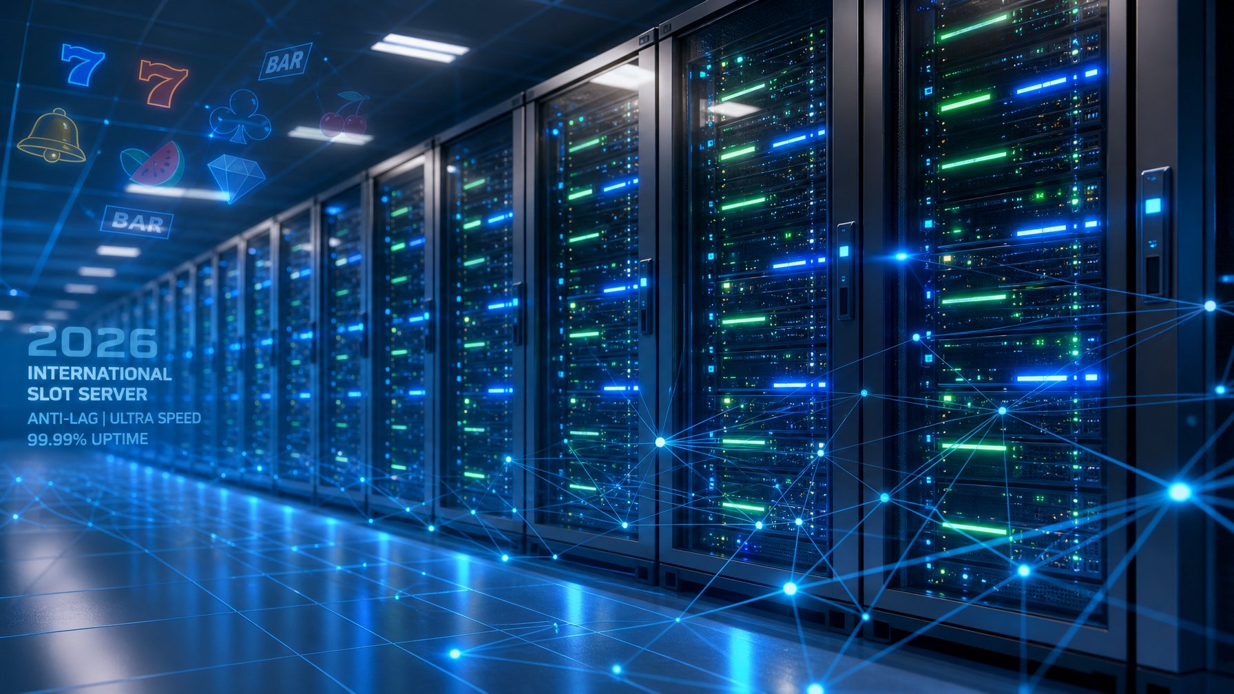 Pusat data modern dengan rak server berlampu LED yang menunjukkan teknologi canggih dan koneksi cepat.