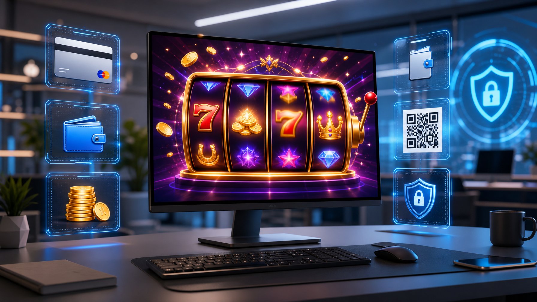Sebuah monitor komputer menampilkan permainan mesin slot digital dengan ikon pembayaran elektronik di sekitarnya dalam ruangan kantor yang terang dan modern.