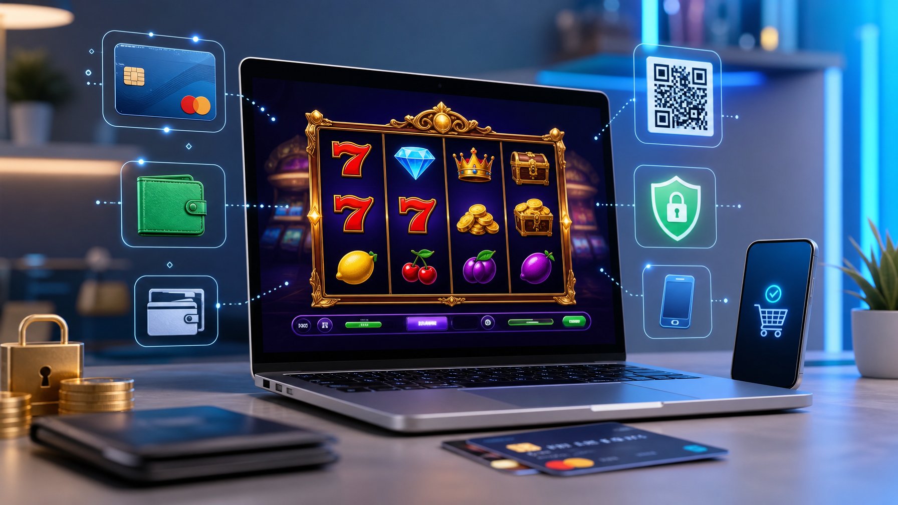 Seseorang menggunakan komputer dengan tampilan permainan slot online dan ikon metode pembayaran digital di sekitarnya.