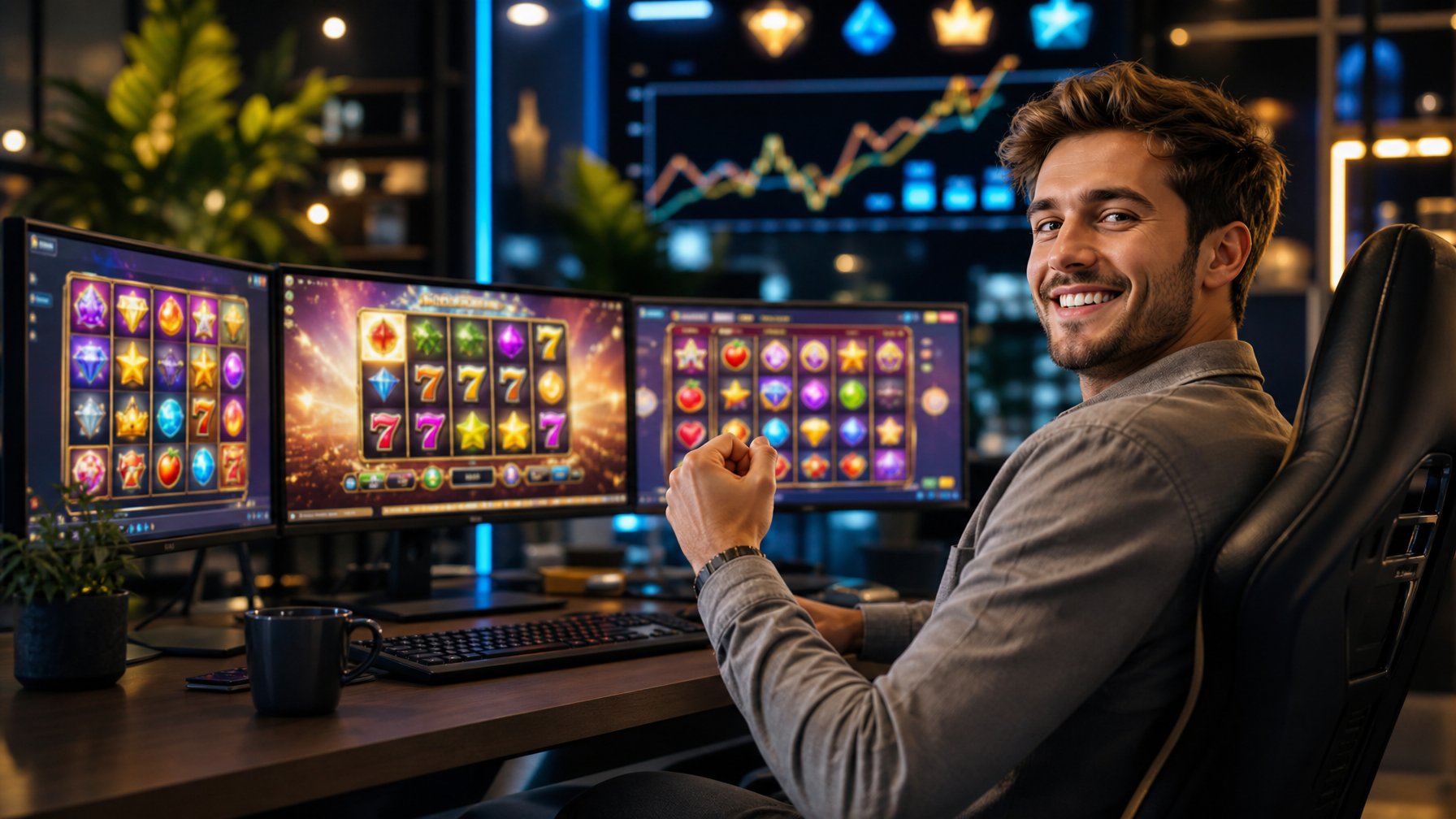 Seorang dewasa muda duduk di meja dengan beberapa monitor yang menampilkan permainan slot online berwarna-warni di ruangan modern yang terang.