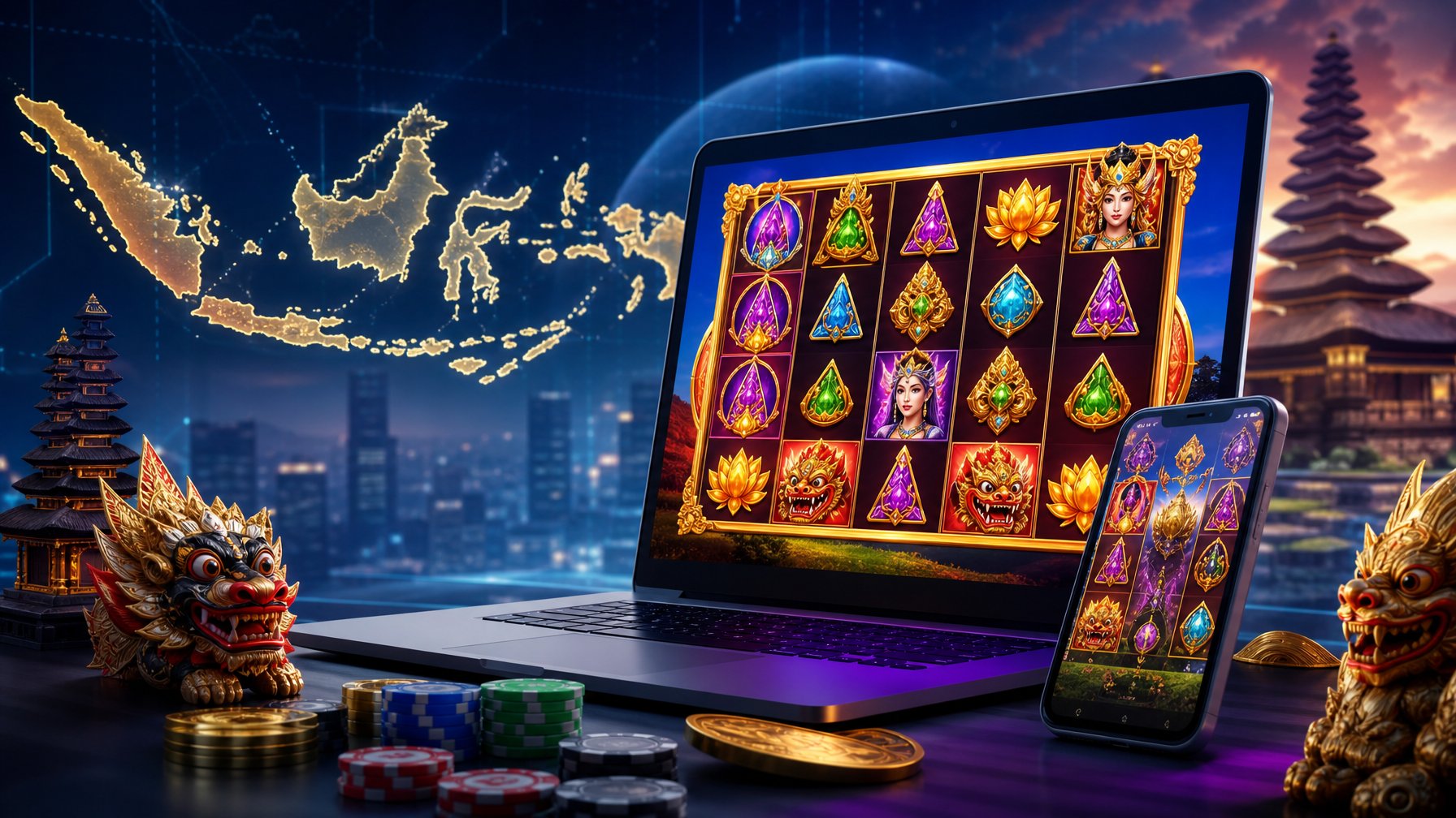 Antarmuka permainan slot online modern dengan latar belakang yang menunjukkan elemen budaya Indonesia.