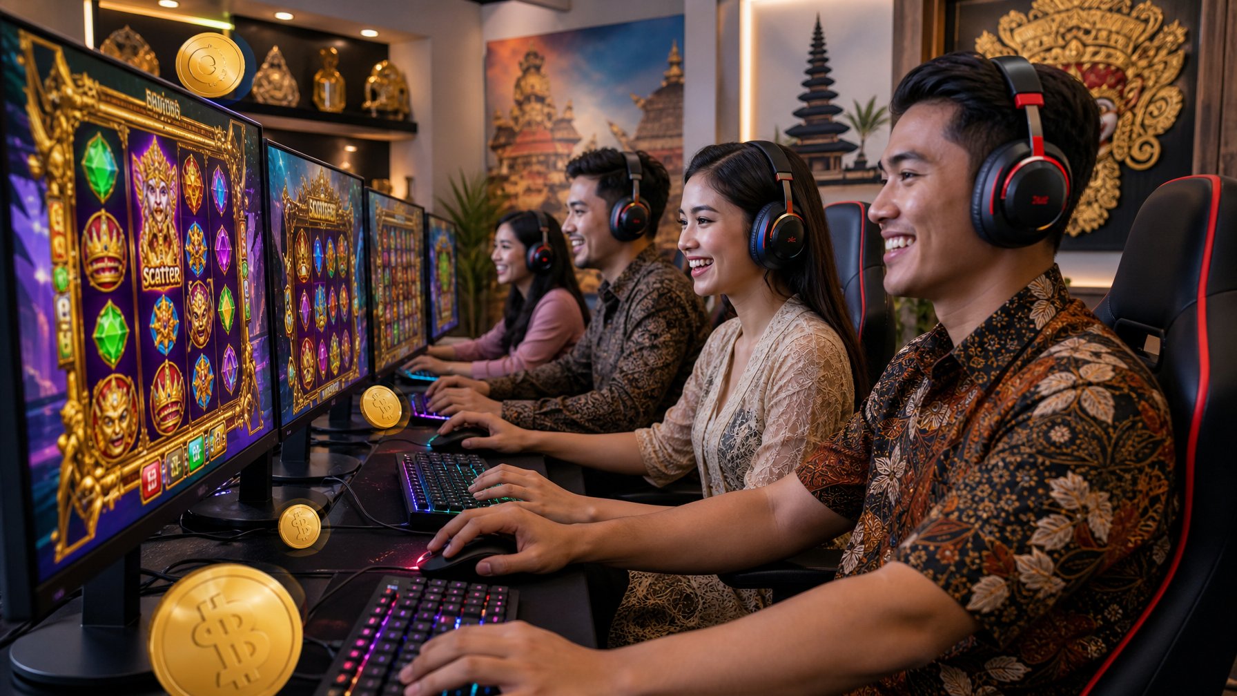 Beberapa orang muda sedang bermain permainan slot online di komputer dengan layar penuh warna di sebuah ruangan yang terang dan modern.