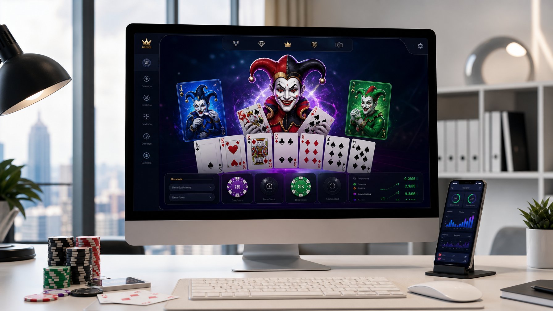 Sebuah layar komputer menampilkan permainan kartu digital dengan tema joker, di meja dengan chip poker dan kartu bermain di sekitarnya.