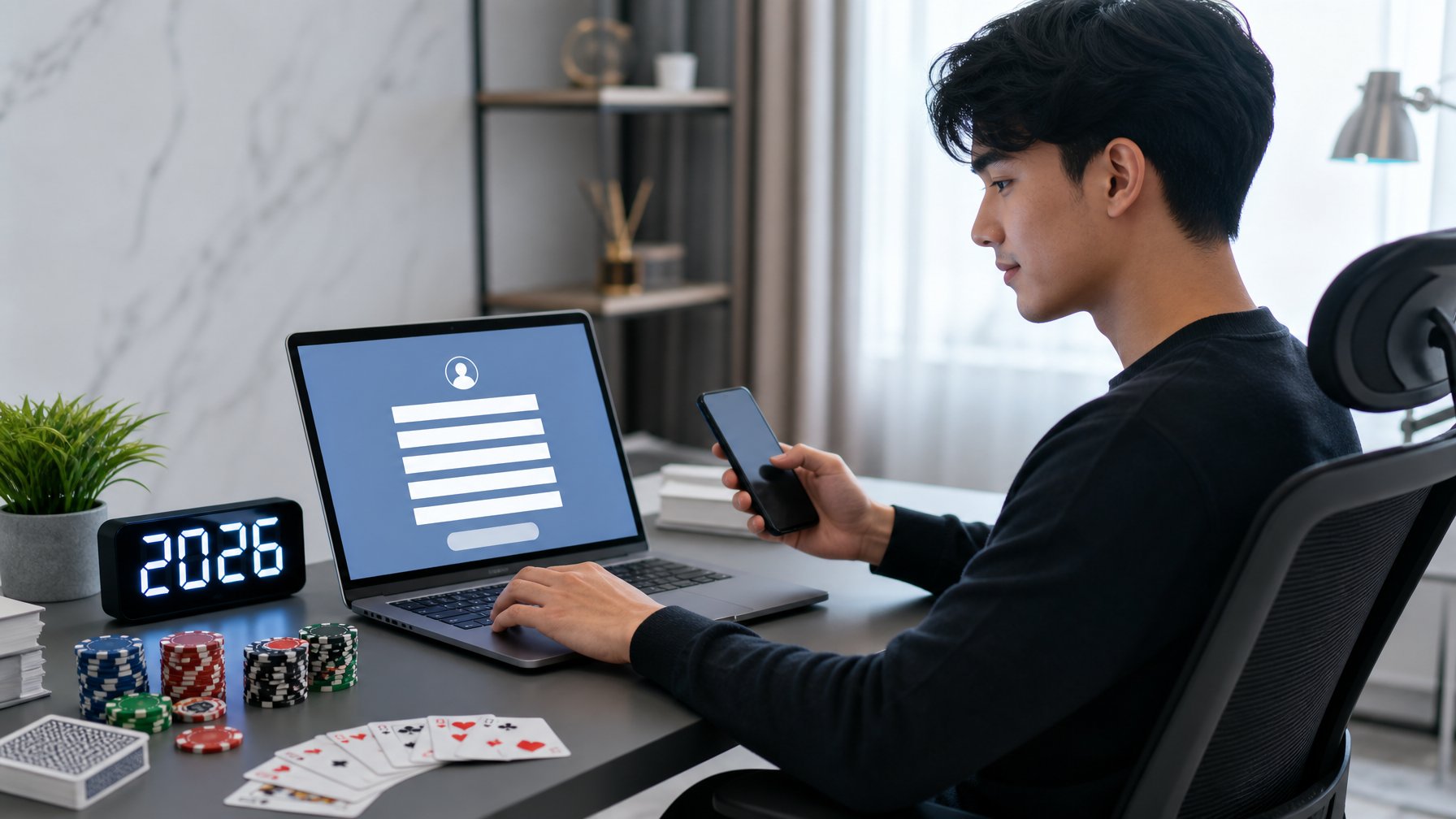 Seseorang sedang menggunakan laptop dan ponsel di meja kerja dengan elemen permainan kartu dan chip di sekitarnya.