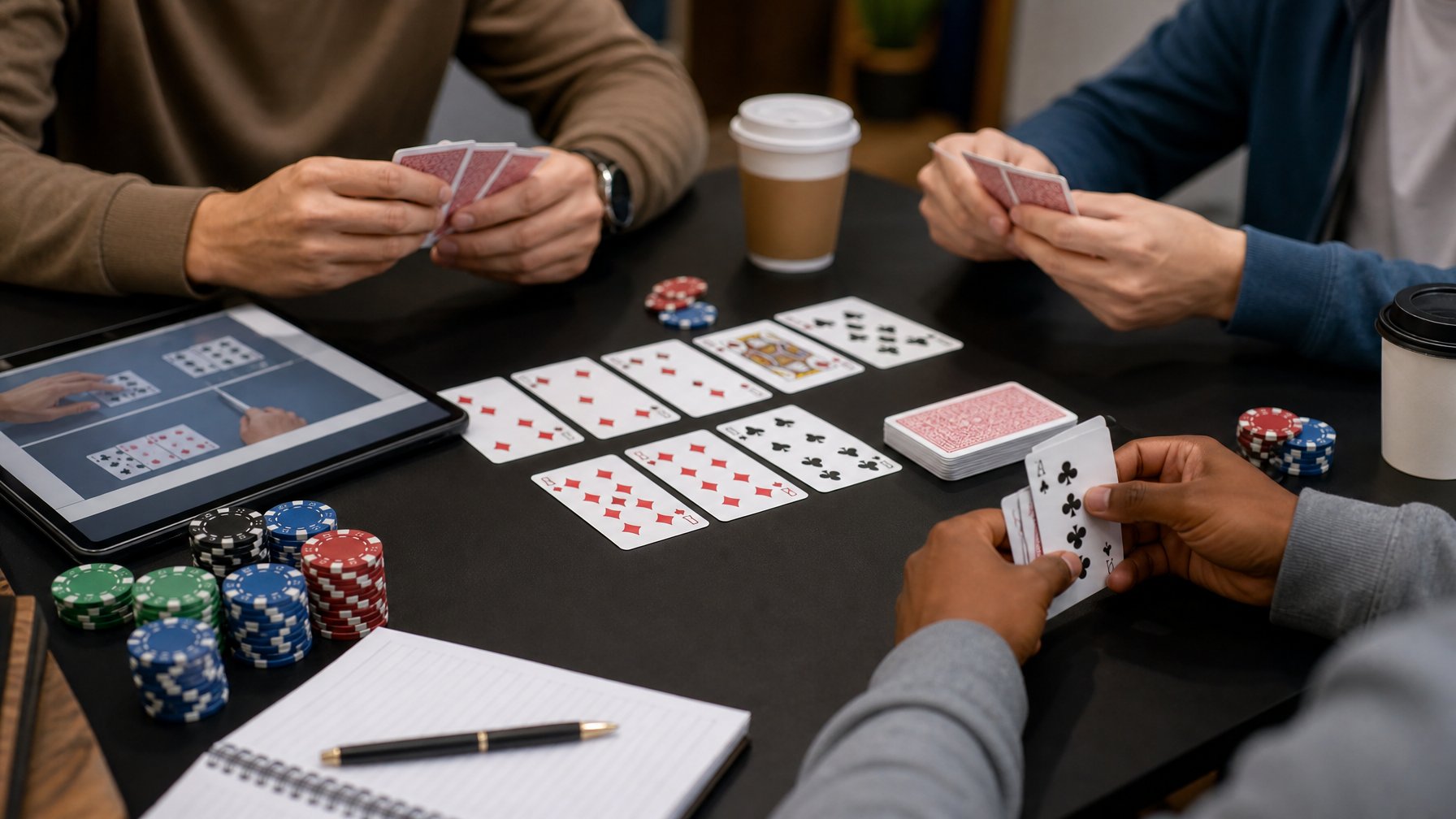 Meja permainan dengan kartu remi, chip poker, dan tangan pemain yang sedang mengatur kartu dalam suasana belajar bermain Bandar Capsa Joker.