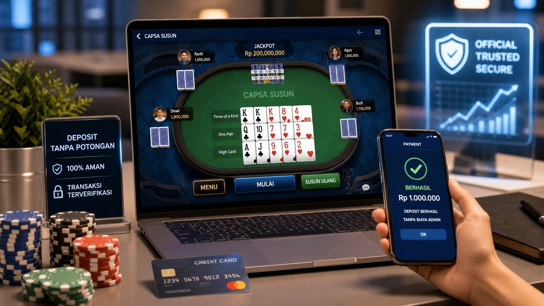 Meja kerja dengan laptop yang menampilkan permainan kartu Capsa, smartphone dengan aplikasi pembayaran, kartu kredit, dan tumpukan chip poker.