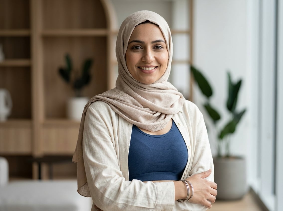 A Pakistani woman wearing a hijab and a modest top, standing indoors with a confident expression.