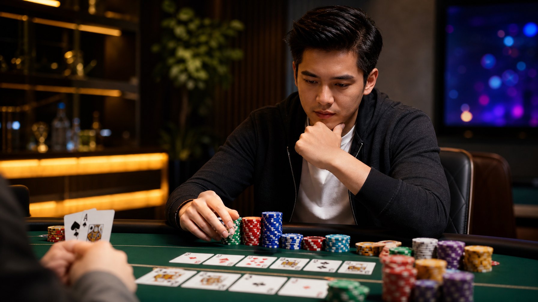 Seorang pemain serius duduk di meja poker dengan kartu dan tumpukan chip warna-warni, fokus merencanakan langkah berikutnya dalam permainan Bandar Capsa Joker.