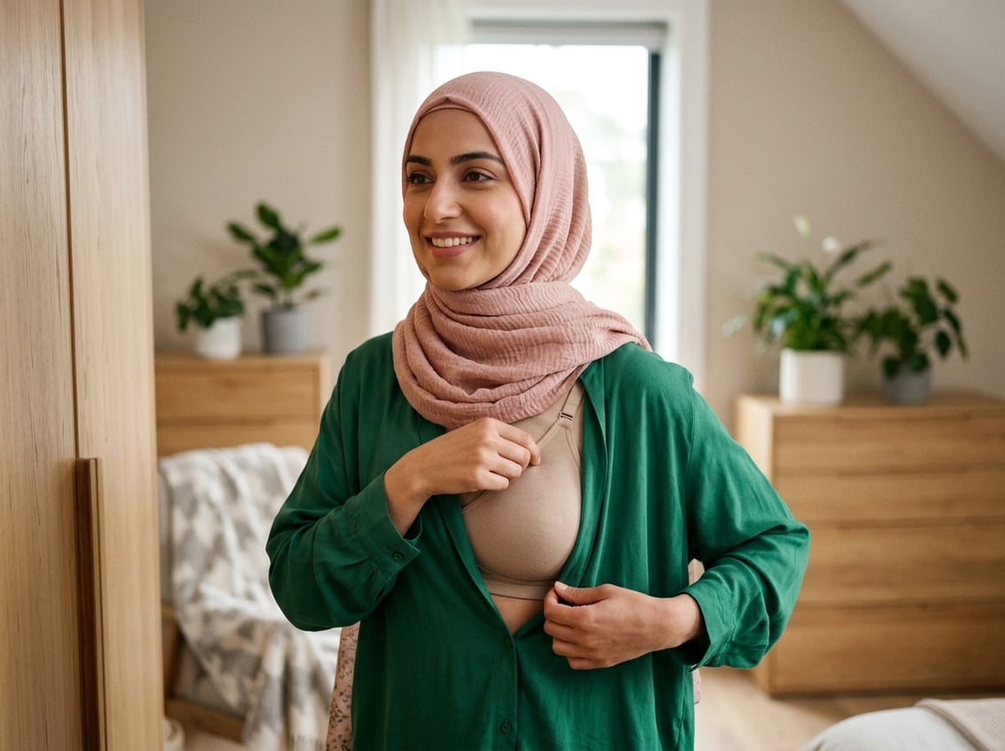 A Pakistani woman wearing a hijab adjusts her bra under modest clothing in a bright, clean room.