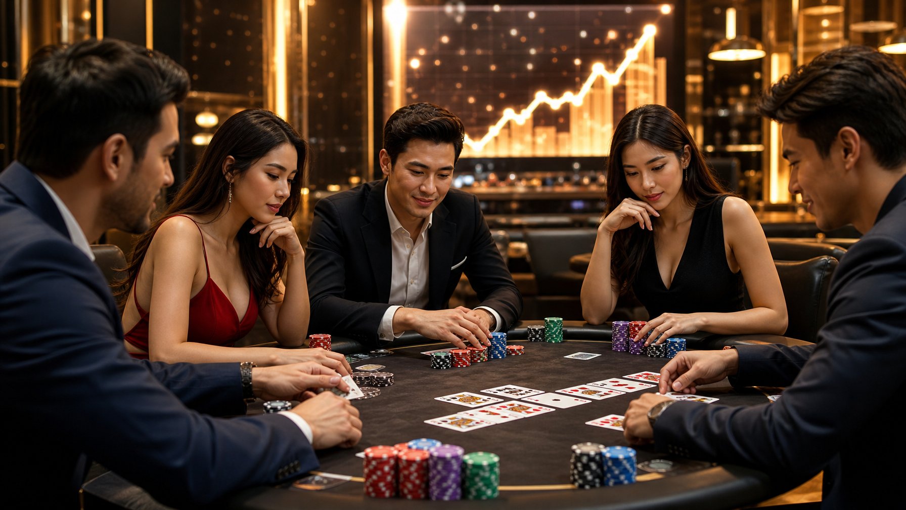 Beberapa orang sedang bermain kartu Bandar Capsa Joker di meja poker dengan tumpukan chip dan suasana fokus.