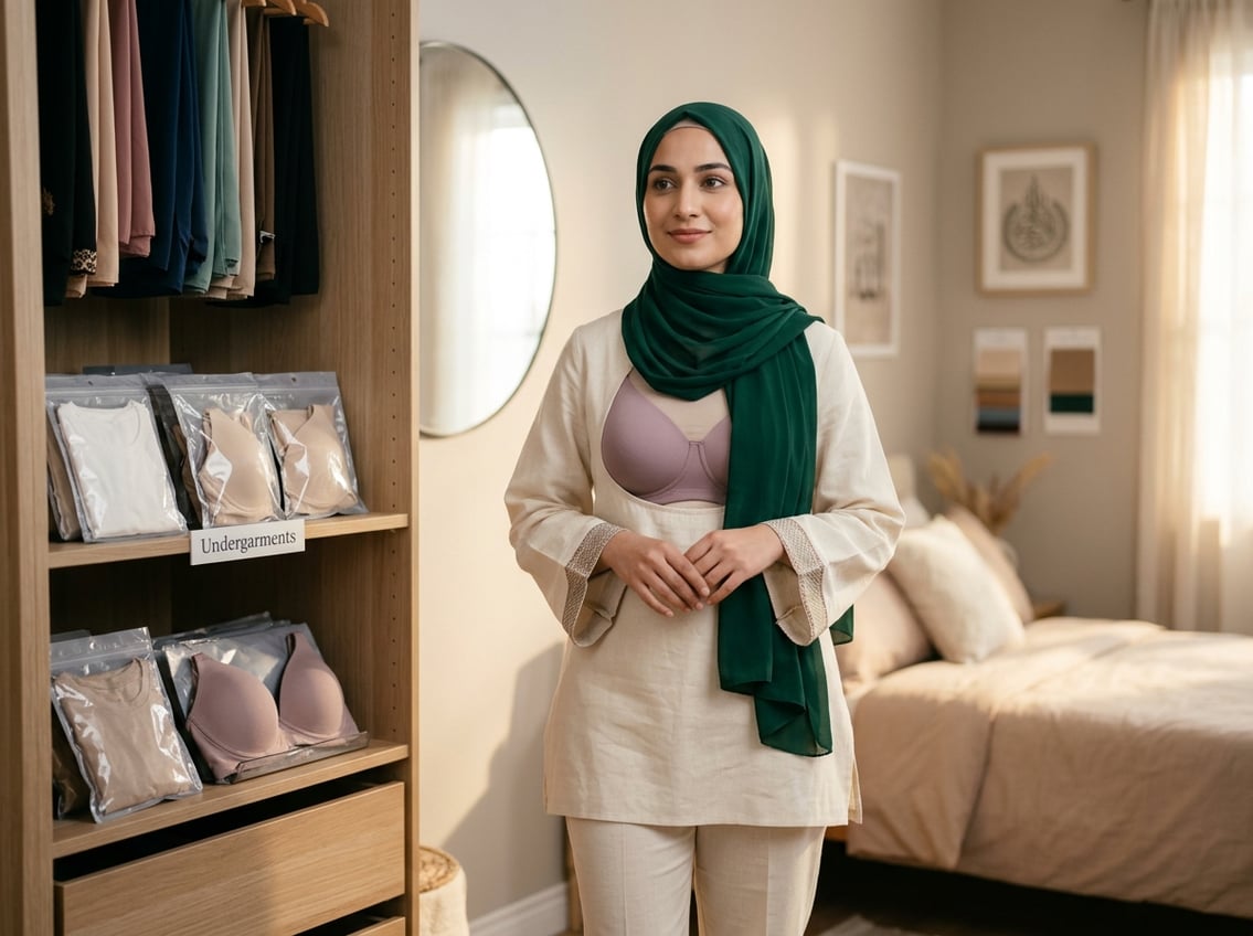 A Pakistani woman wearing a hijab and a comfortable bra under a modest outfit, standing in a bright room with clothing in the background.