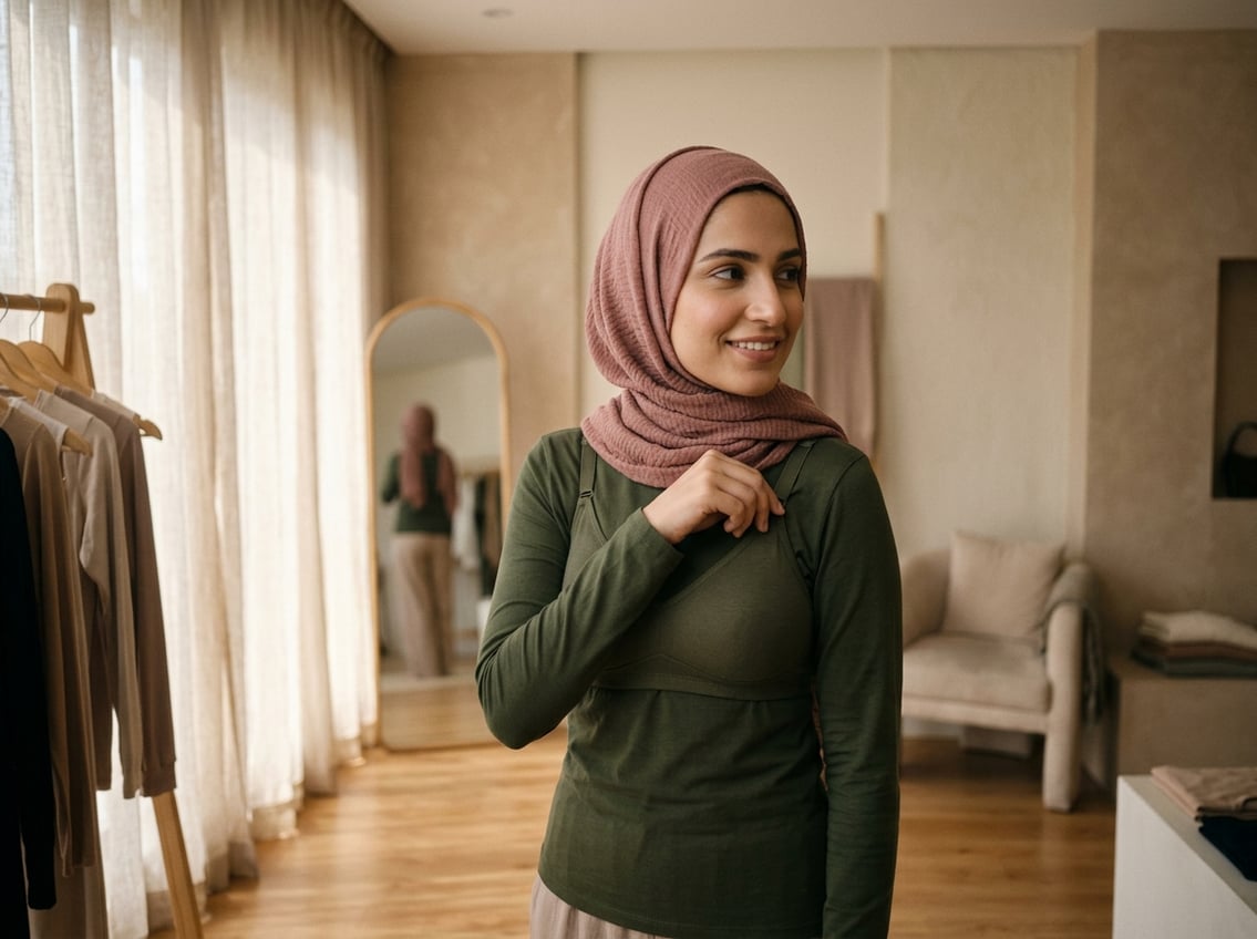 A Pakistani woman wearing a hijab adjusting a comfortable bra in a softly lit bedroom setting.