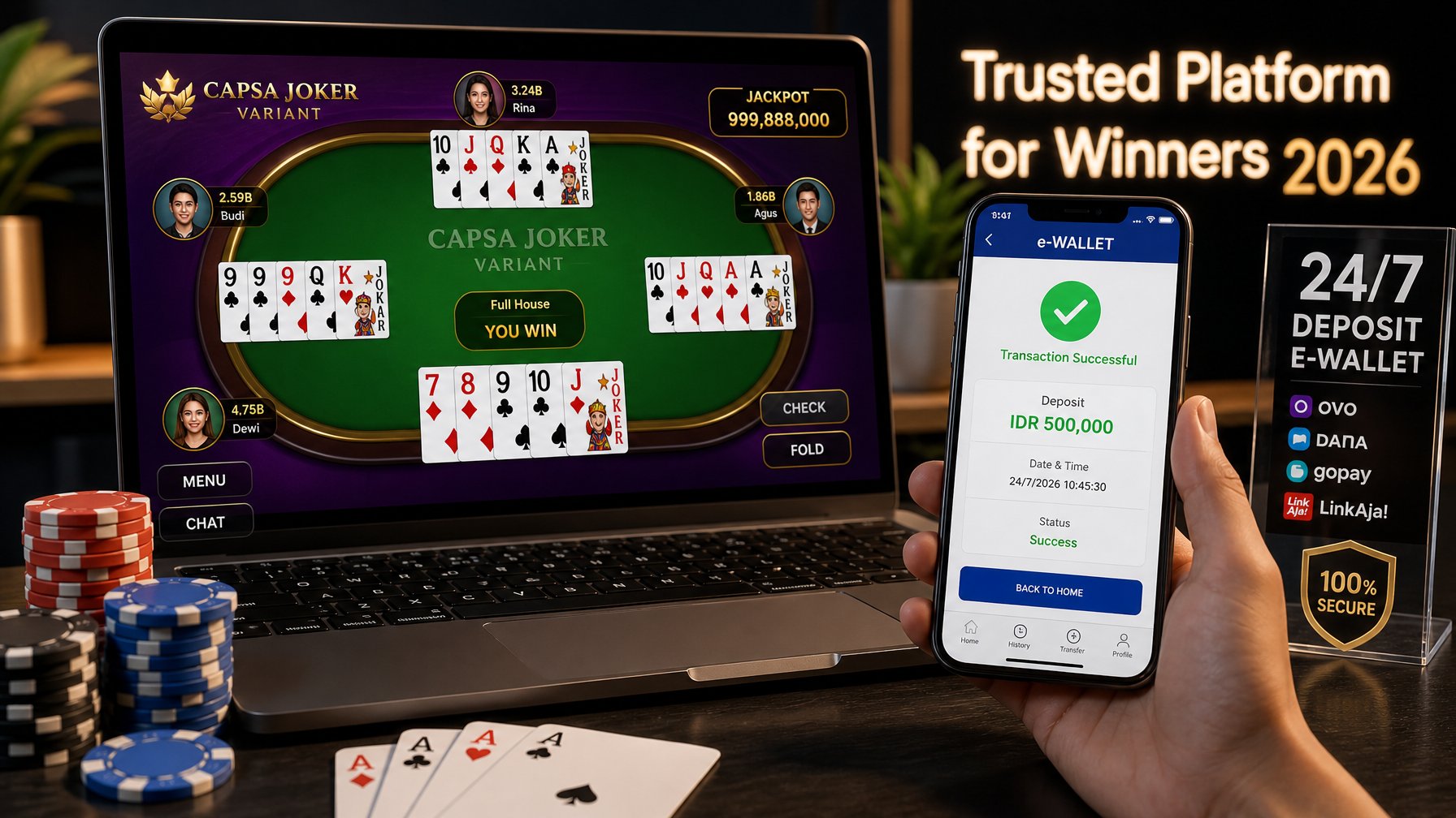 Seorang pemain menggunakan laptop dan ponsel untuk bermain permainan kartu Capsa Joker Variant dengan aplikasi e-wallet terbuka di layar ponsel.