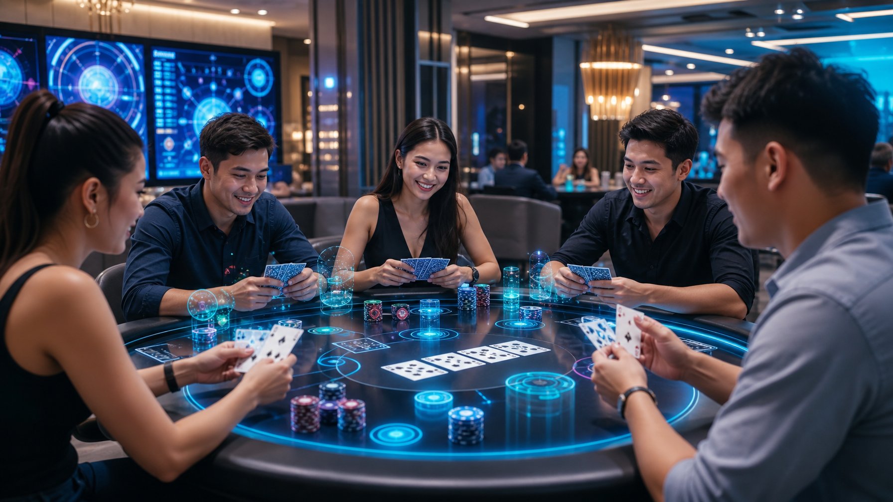 Sekelompok orang muda bermain kartu di meja modern dengan suasana lounge permainan yang nyaman dan pencahayaan hangat.