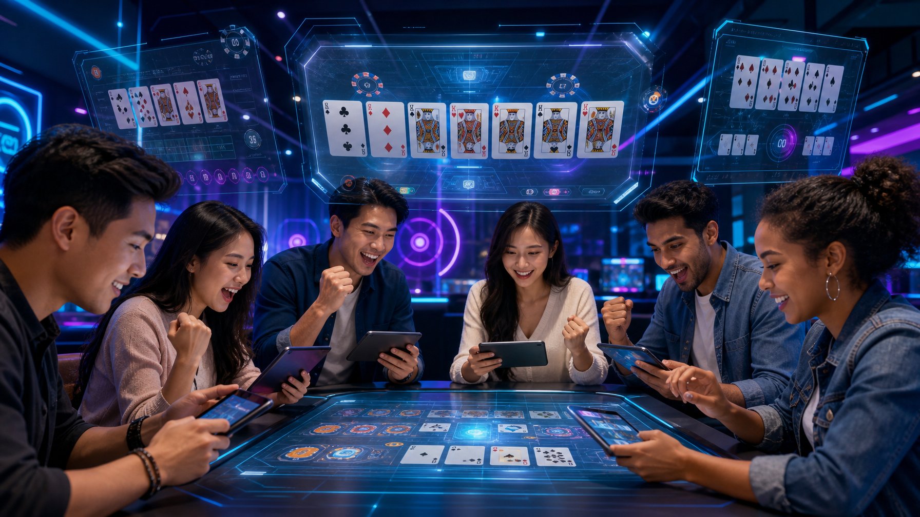Beberapa orang bermain permainan kartu digital dengan antusias di lingkungan gaming modern yang futuristik.