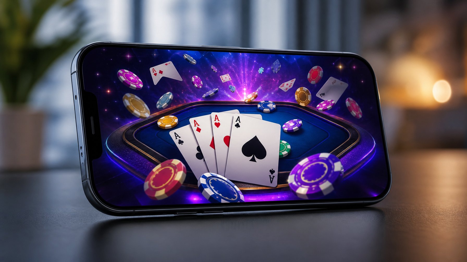 Sebuah ponsel modern menampilkan aplikasi permainan kartu dengan kartu dan chip poker berwarna-warni di layar.