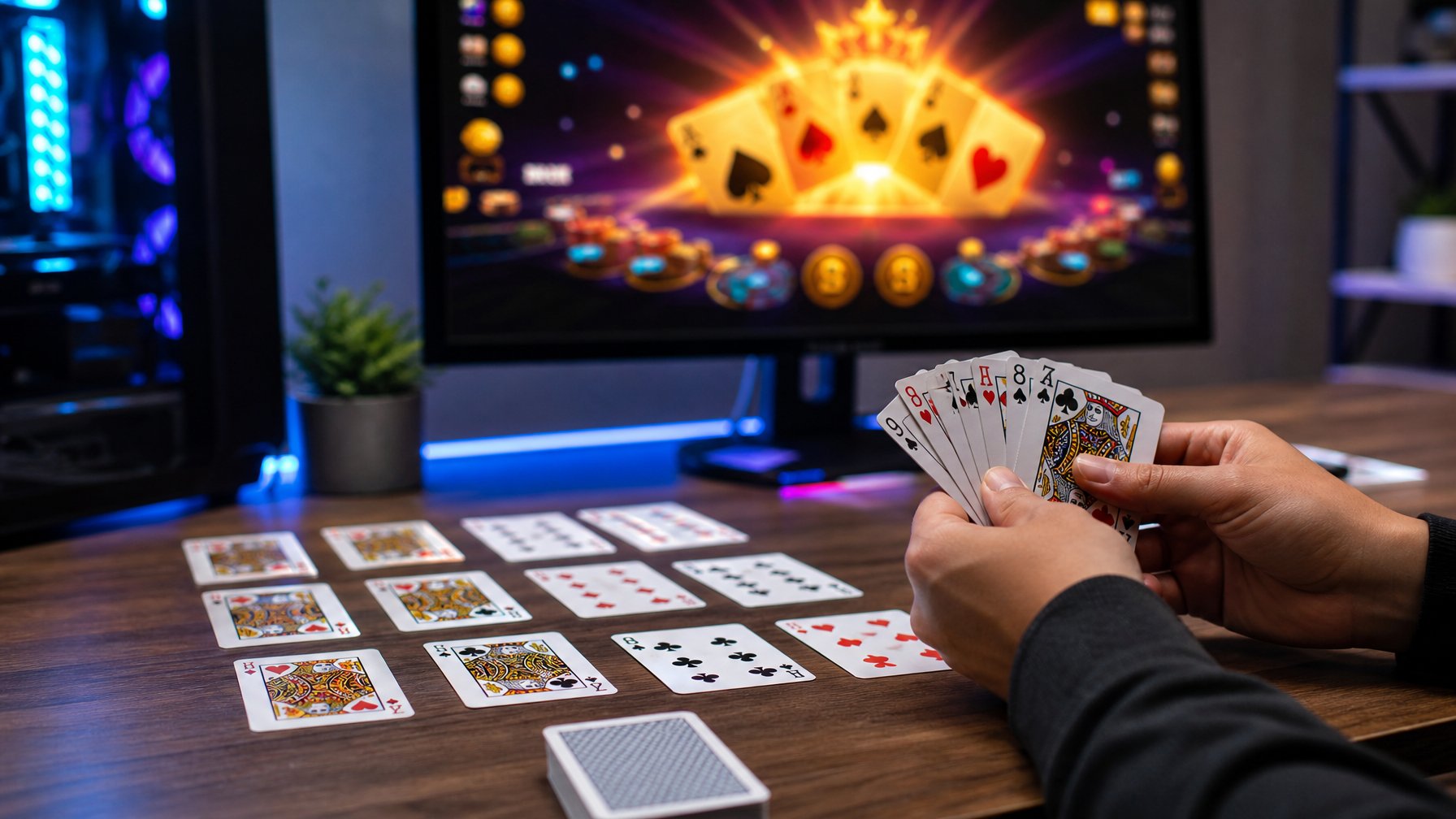 Tangan seseorang memegang kartu remi di atas meja kayu dengan layar komputer menampilkan pola jackpot di latar belakang.